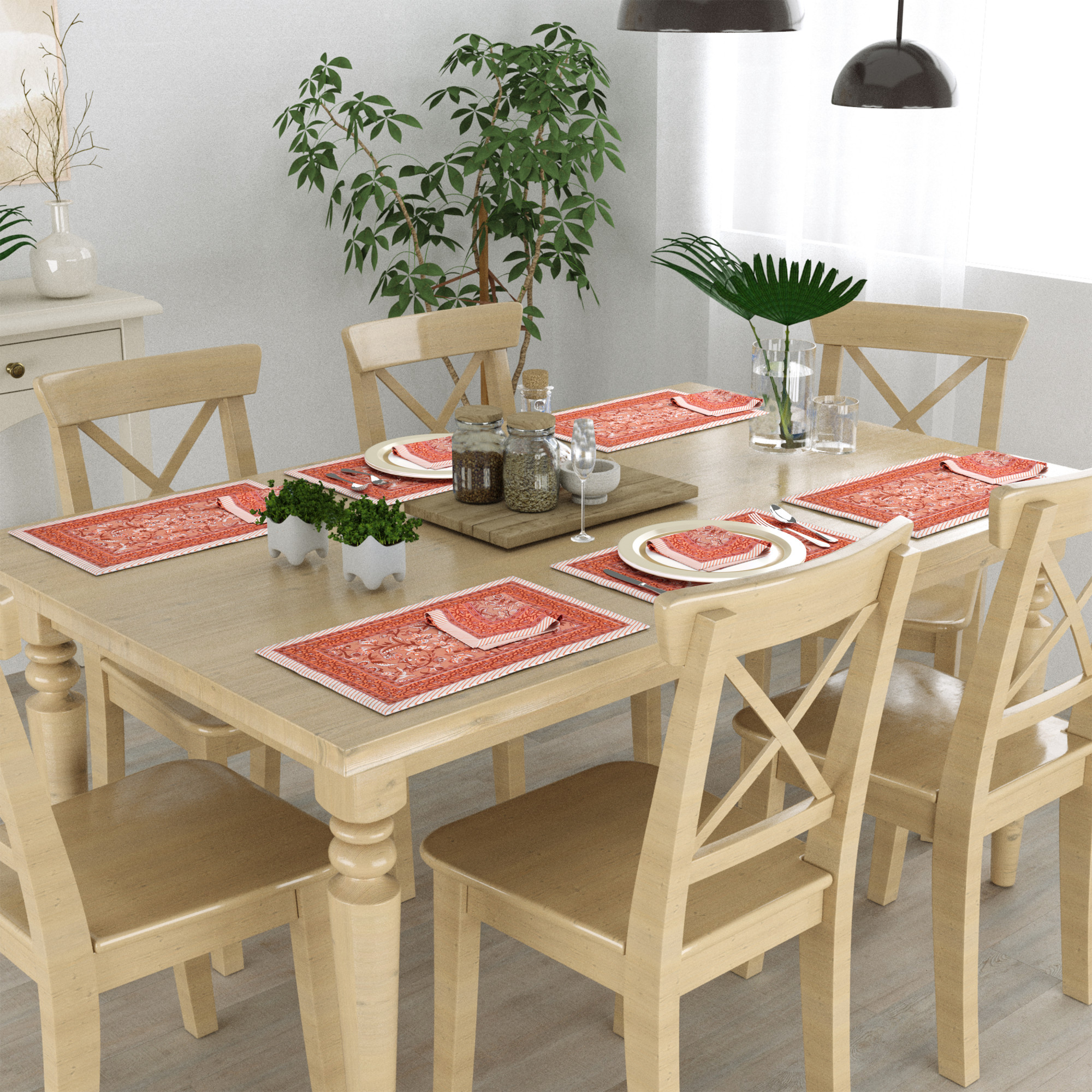 Brown Floral Print Pure Cotton Mat and Napkin Set For CenterDining Table - Set Of 12 Pieces 6 Mats 6 Napkins