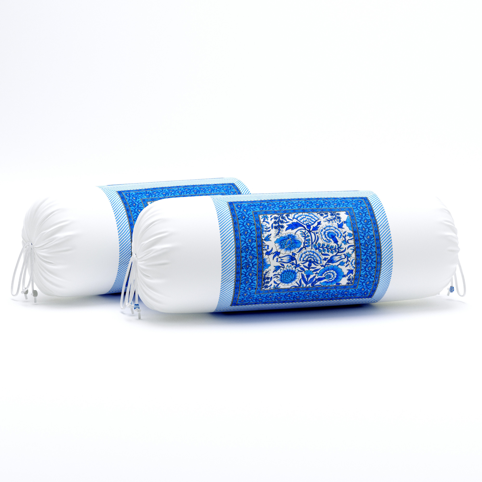 Blue White Floral Print 100 Pure Cotton Bolster Cover - Set Of 2 Pieces