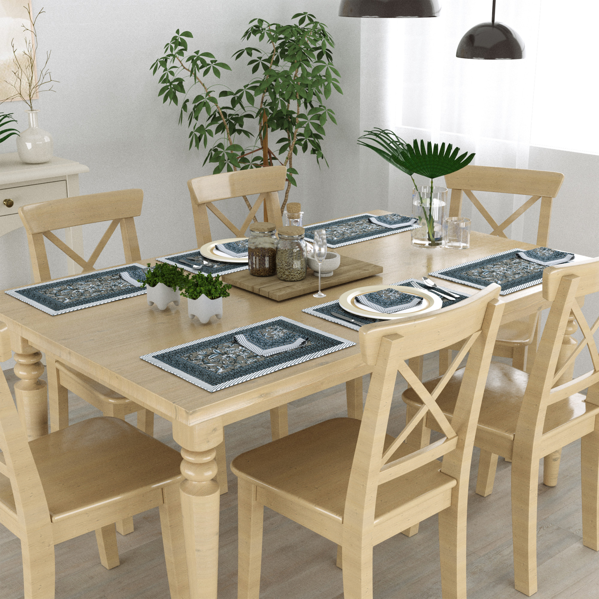 Grey Floral Print Pure Cotton Mat and Napkin Set For CenterDining Table - Set Of 12 Pieces 6 Mats 6 Napkins