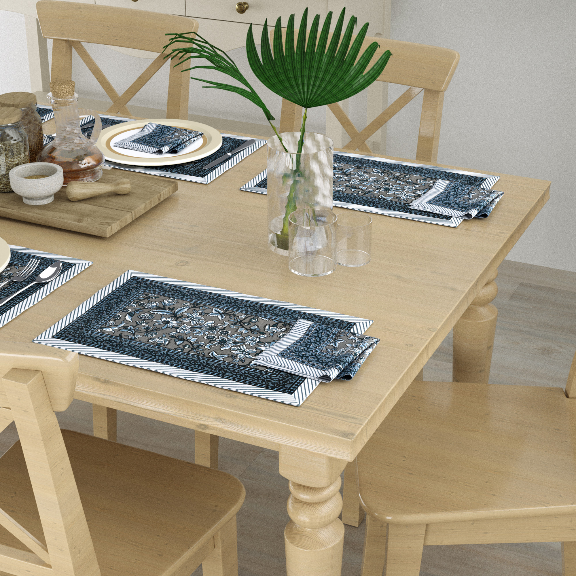 Grey Floral Print Pure Cotton Mat and Napkin Set For CenterDining Table - Set Of 12 Pieces 6 Mats 6 Napkins