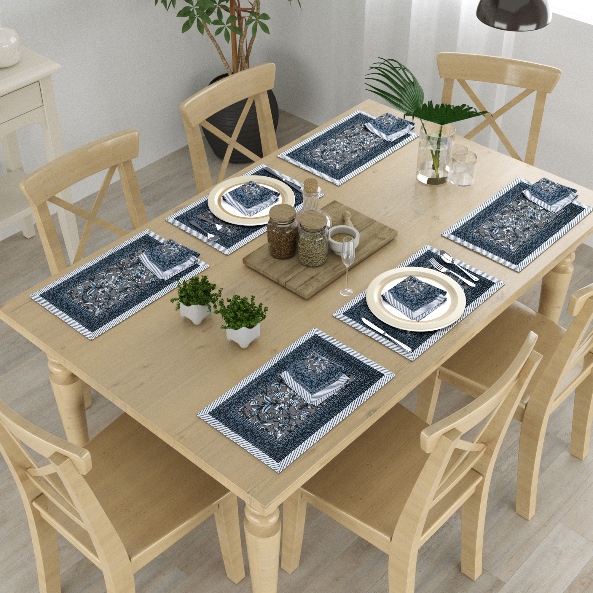 Grey Floral Print Pure Cotton Mat and Napkin Set For CenterDining Table - Set Of 12 Pieces 6 Mats 6 Napkins