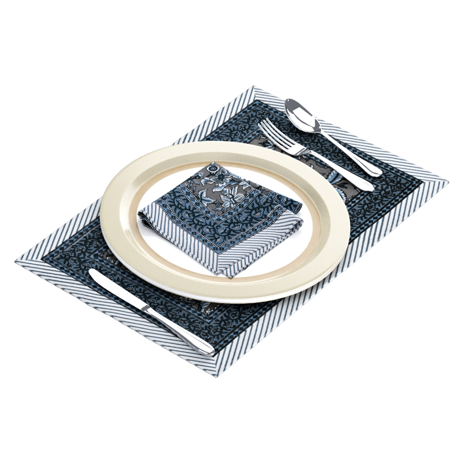 Grey Floral Print Pure Cotton Mat and Napkin Set For CenterDining Table - Set Of 12 Pieces 6 Mats 6 Napkins