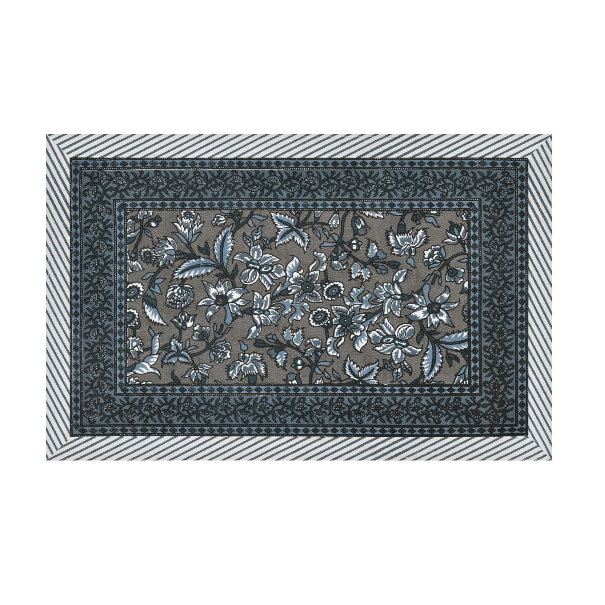 Grey Floral Print Pure Cotton Mat and Napkin Set For CenterDining Table - Set Of 12 Pieces 6 Mats 6 Napkins