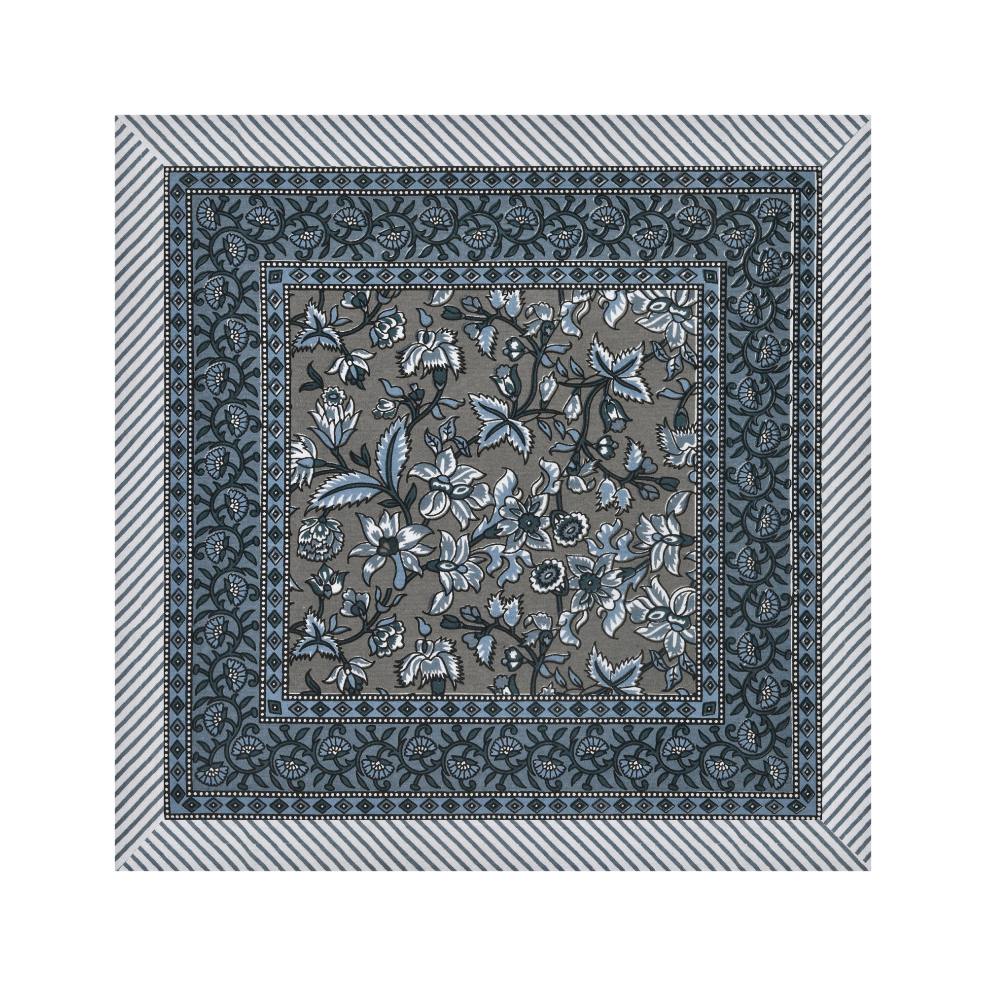 Grey Floral Print Pure Cotton Mat and Napkin Set For CenterDining Table - Set Of 12 Pieces 6 Mats 6 Napkins