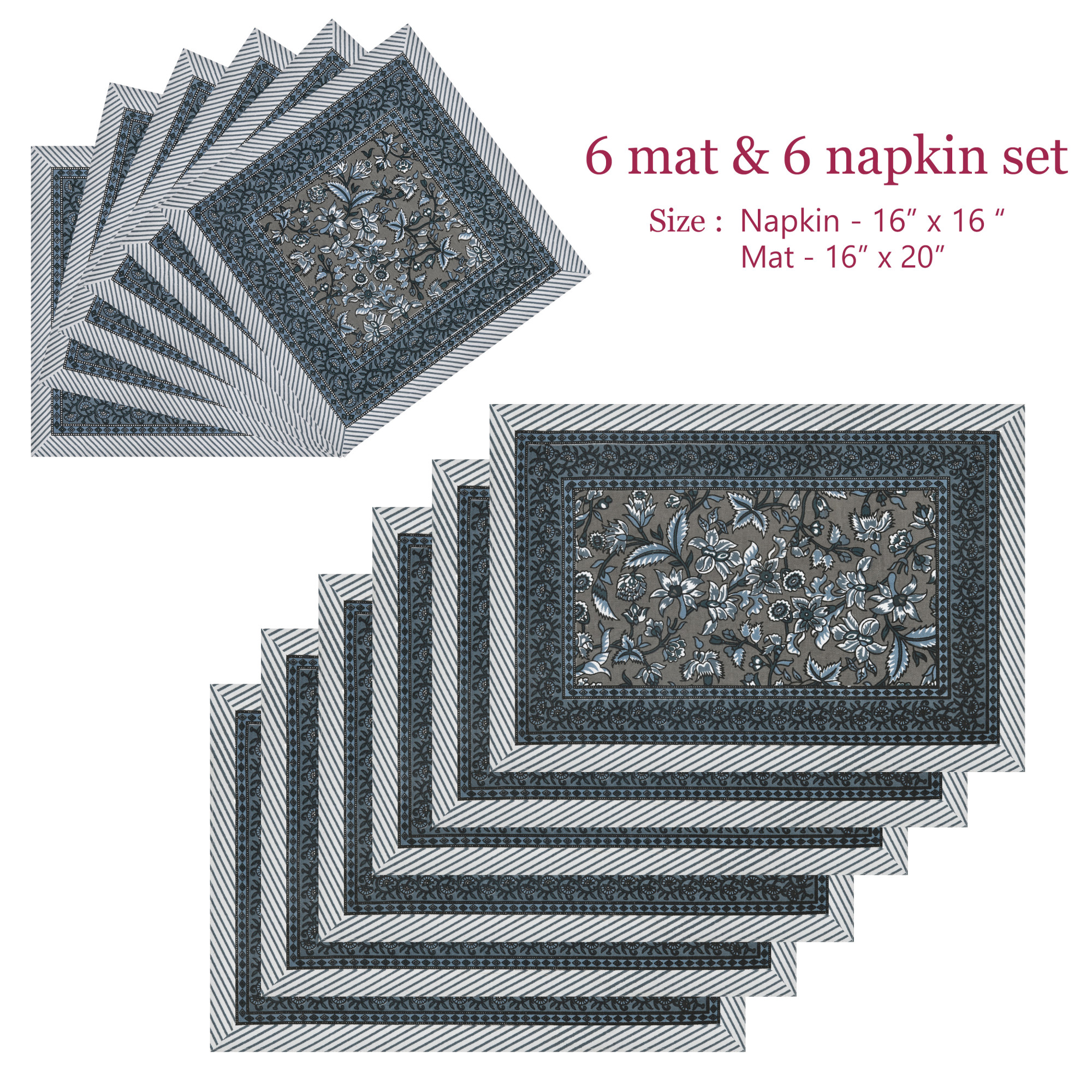 Grey Floral Print Pure Cotton Mat and Napkin Set For CenterDining Table - Set Of 12 Pieces 6 Mats 6 Napkins