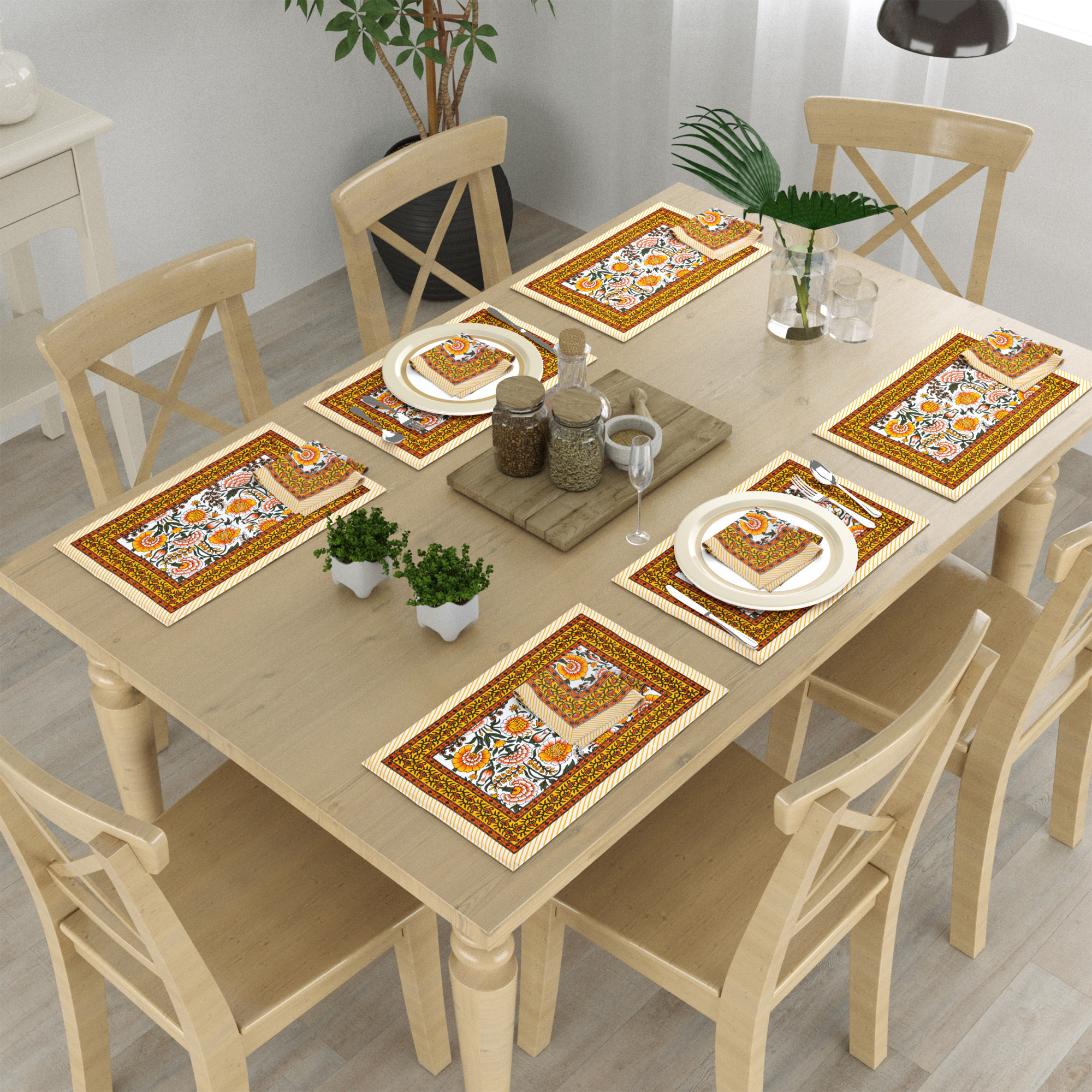 Yellow Orange Floral Printed Pure Cotton Mat and Napkin Set For CenterDining Table - Set Of 12 Pieces 6 Mats 6 Napkins