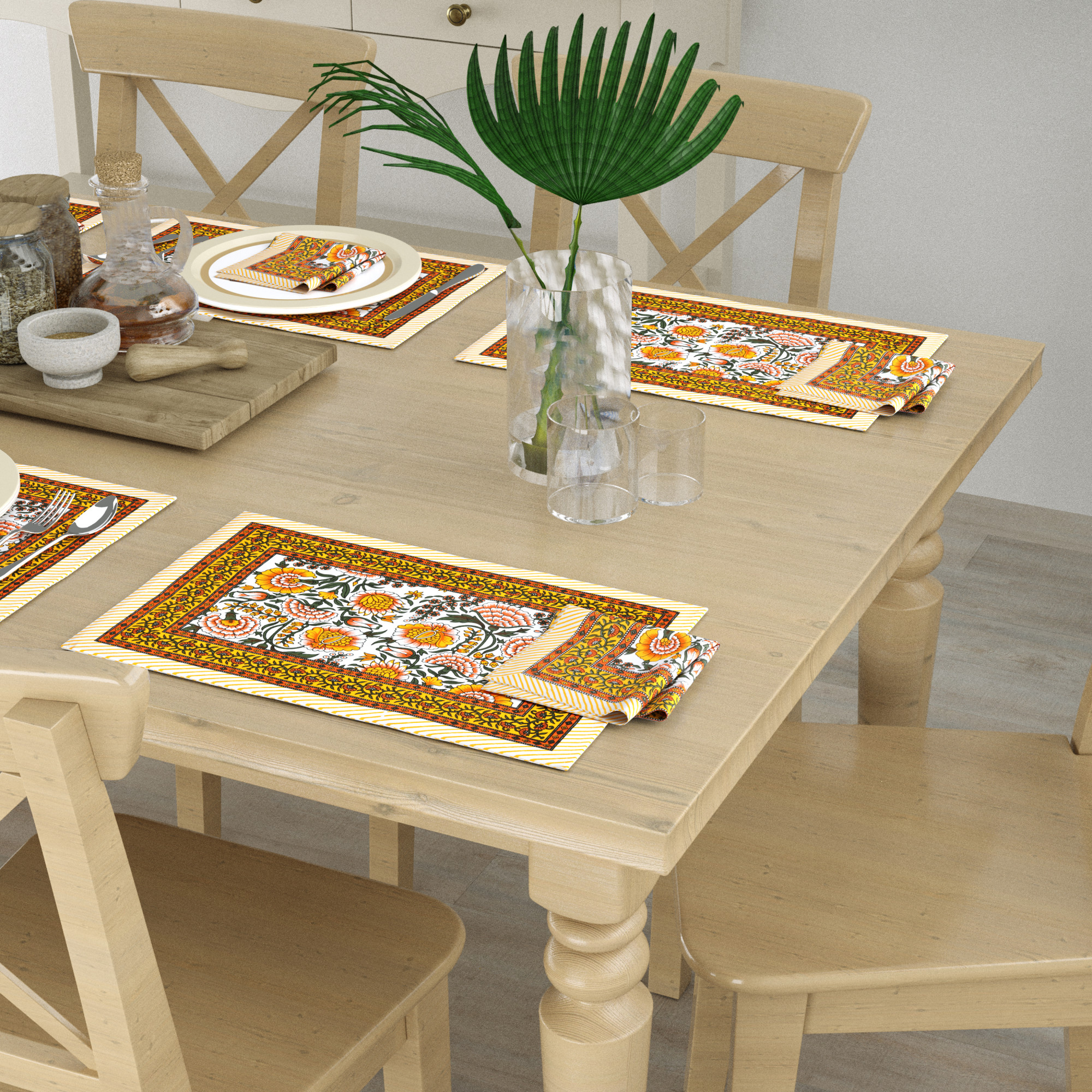 Yellow Orange Floral Printed Pure Cotton Mat and Napkin Set For CenterDining Table - Set Of 12 Pieces 6 Mats 6 Napkins