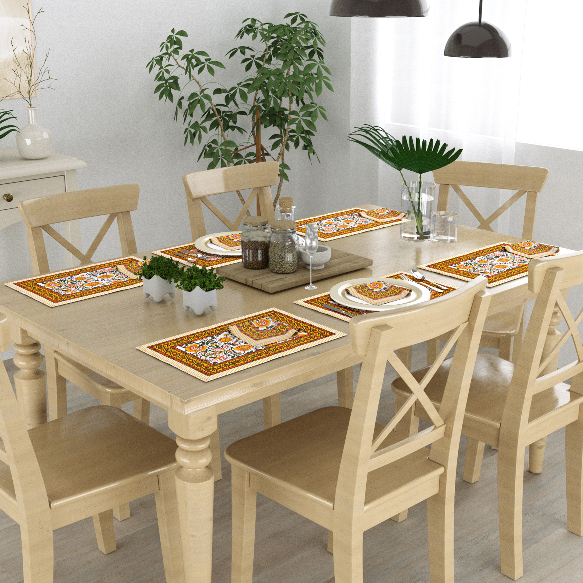 Yellow Orange Floral Printed Pure Cotton Mat and Napkin Set For CenterDining Table - Set Of 12 Pieces 6 Mats 6 Napkins