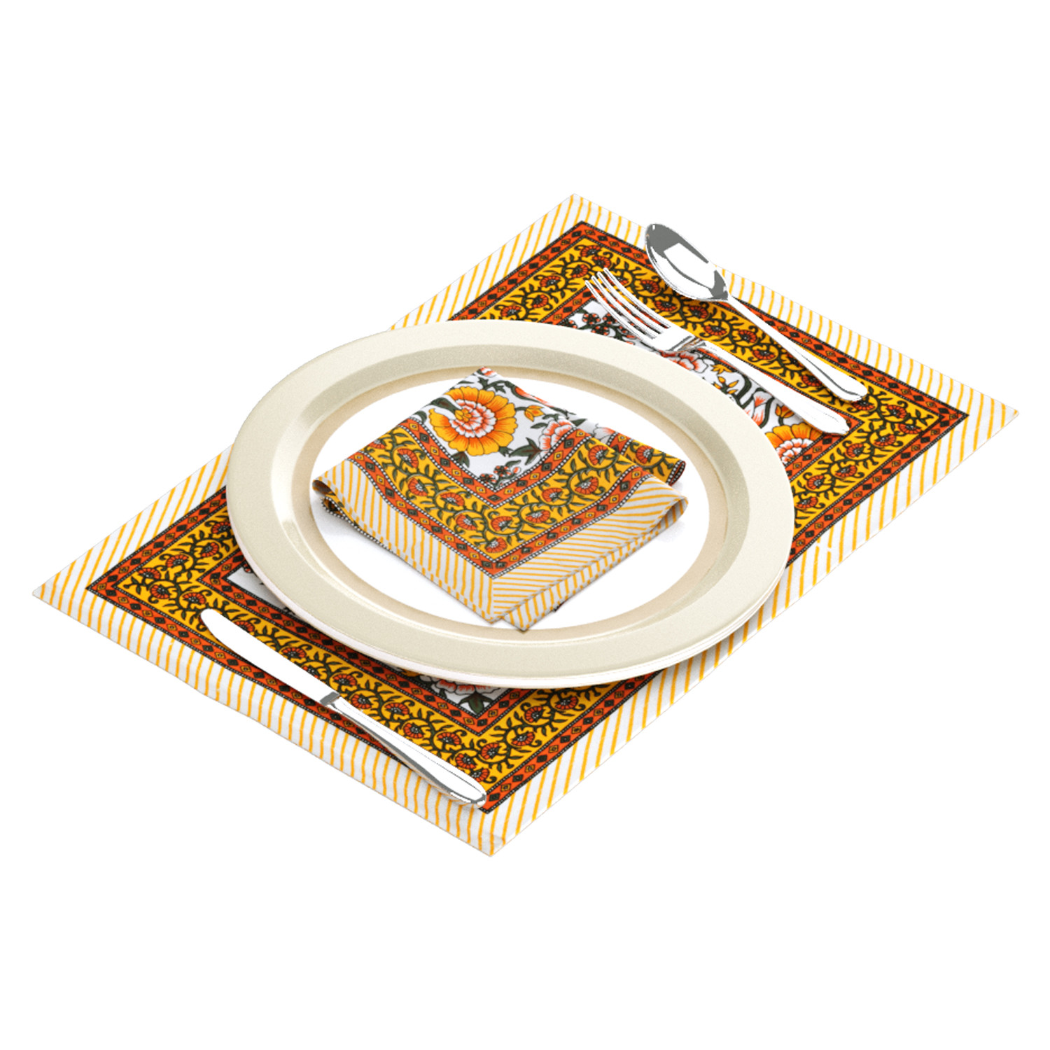 Yellow Orange Floral Printed Pure Cotton Mat and Napkin Set For CenterDining Table - Set Of 12 Pieces 6 Mats 6 Napkins