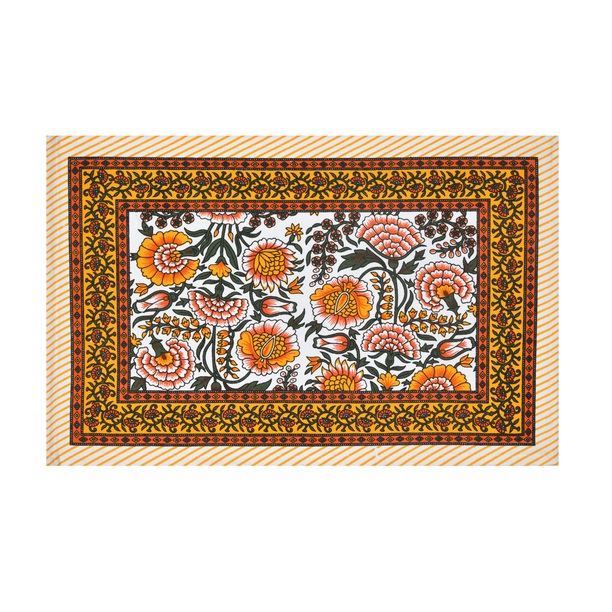 Yellow Orange Floral Printed Pure Cotton Mat and Napkin Set For CenterDining Table - Set Of 12 Pieces 6 Mats 6 Napkins