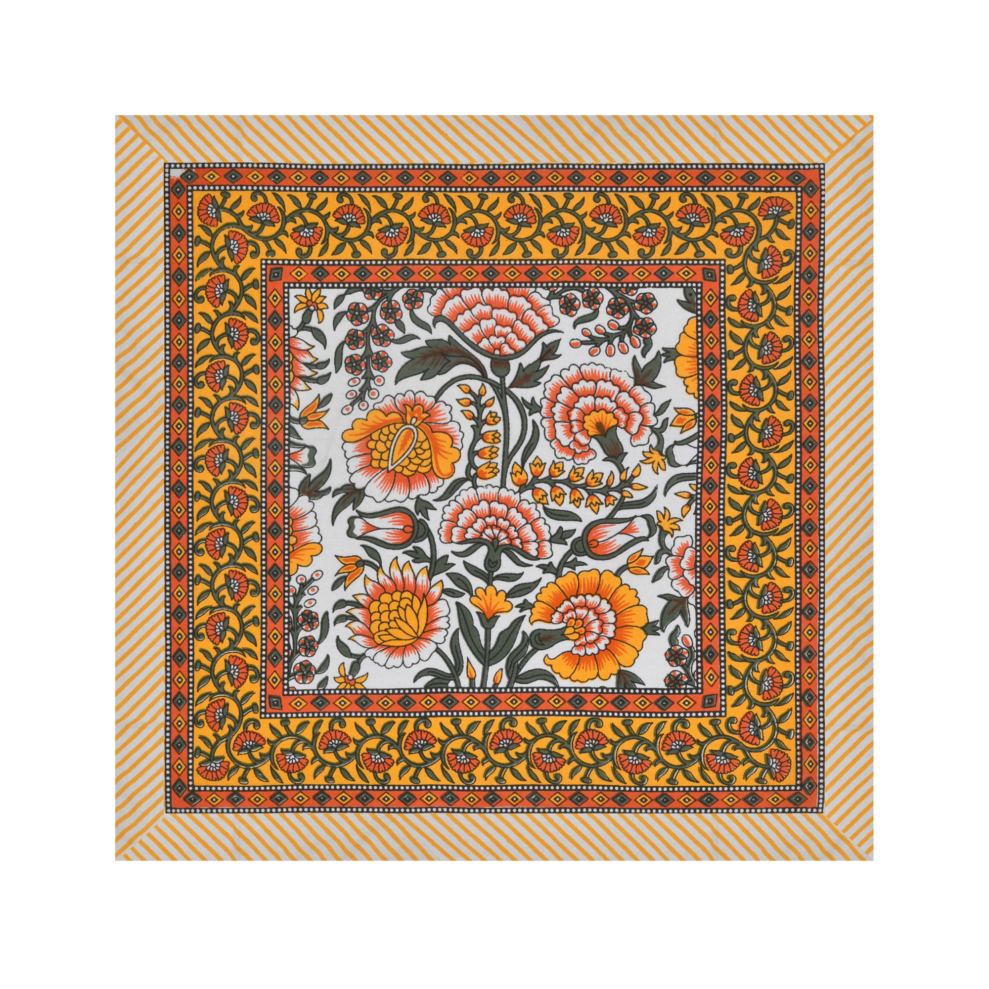 Yellow Orange Floral Printed Pure Cotton Mat and Napkin Set For CenterDining Table - Set Of 12 Pieces 6 Mats 6 Napkins