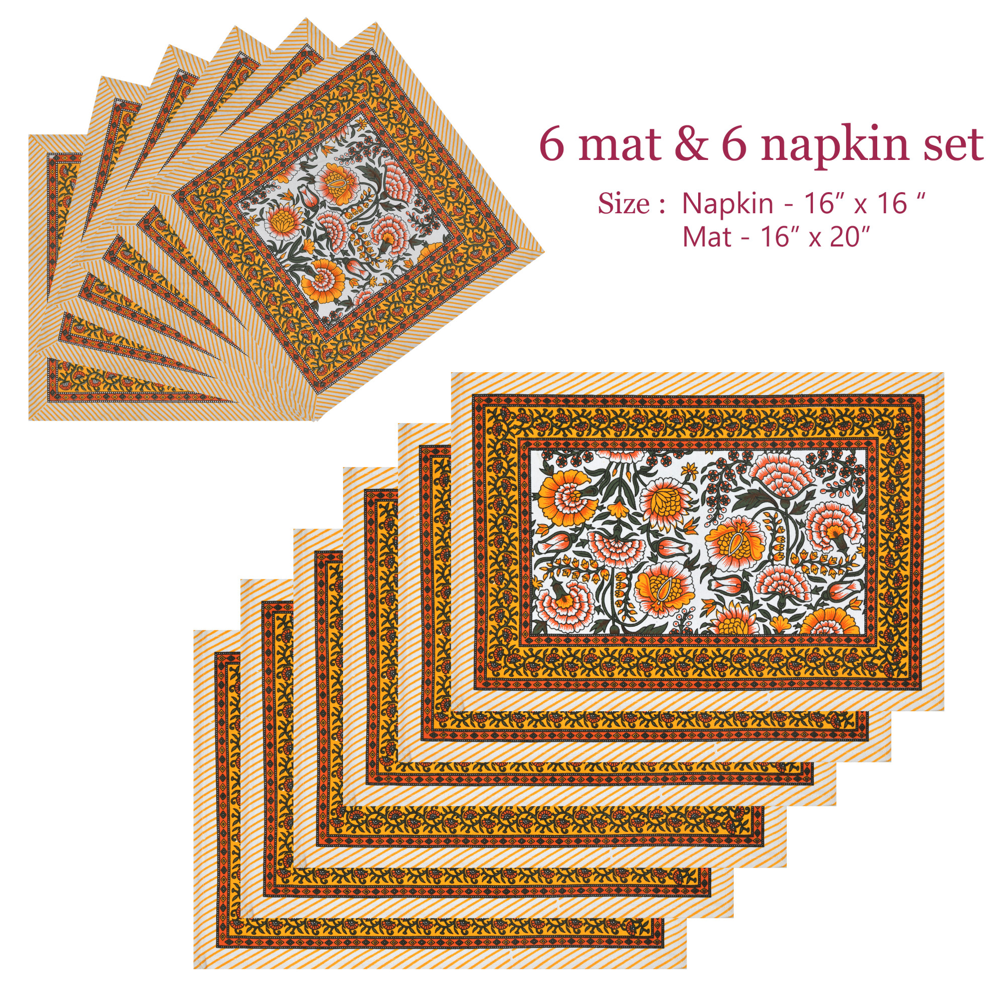 Yellow Orange Floral Printed Pure Cotton Mat and Napkin Set For CenterDining Table - Set Of 12 Pieces 6 Mats 6 Napkins