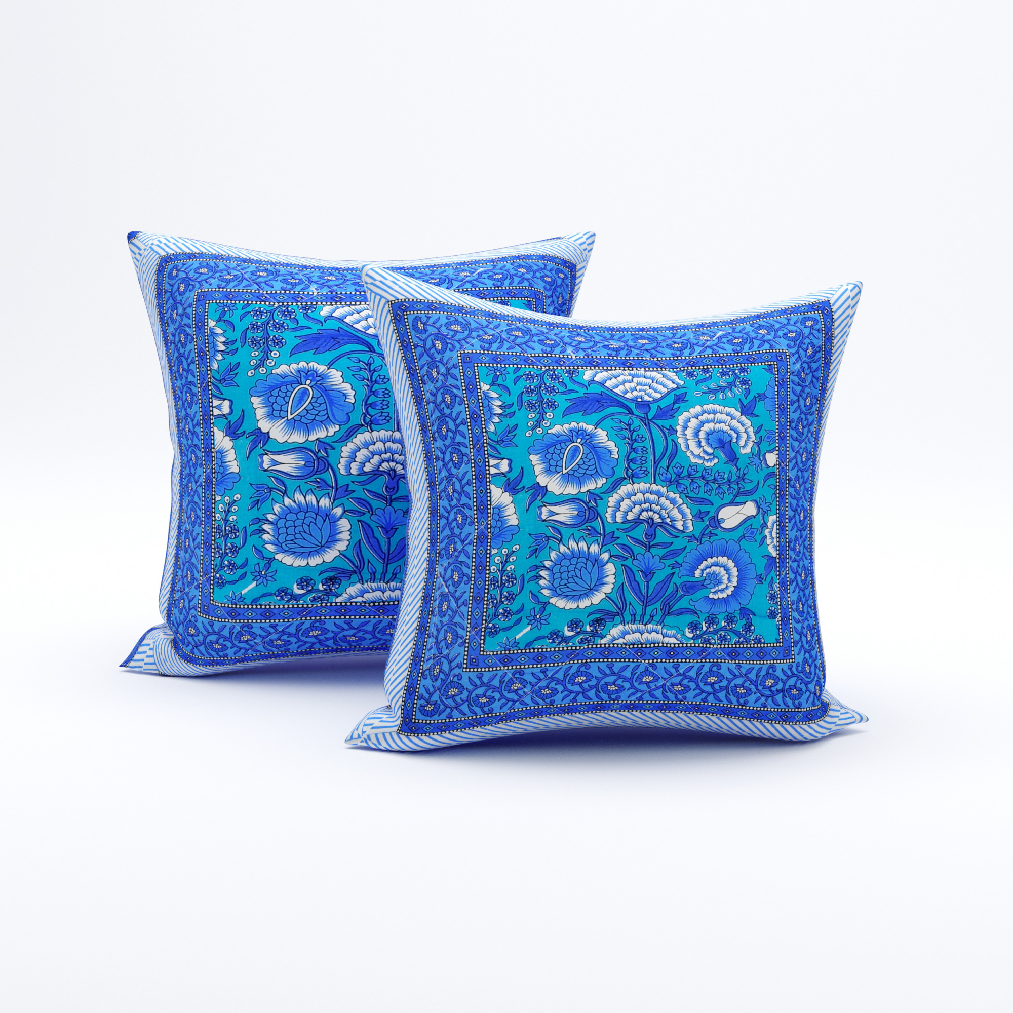 Blue Floral Print Cotton Cushion Cover - Set Of 2 Pieces