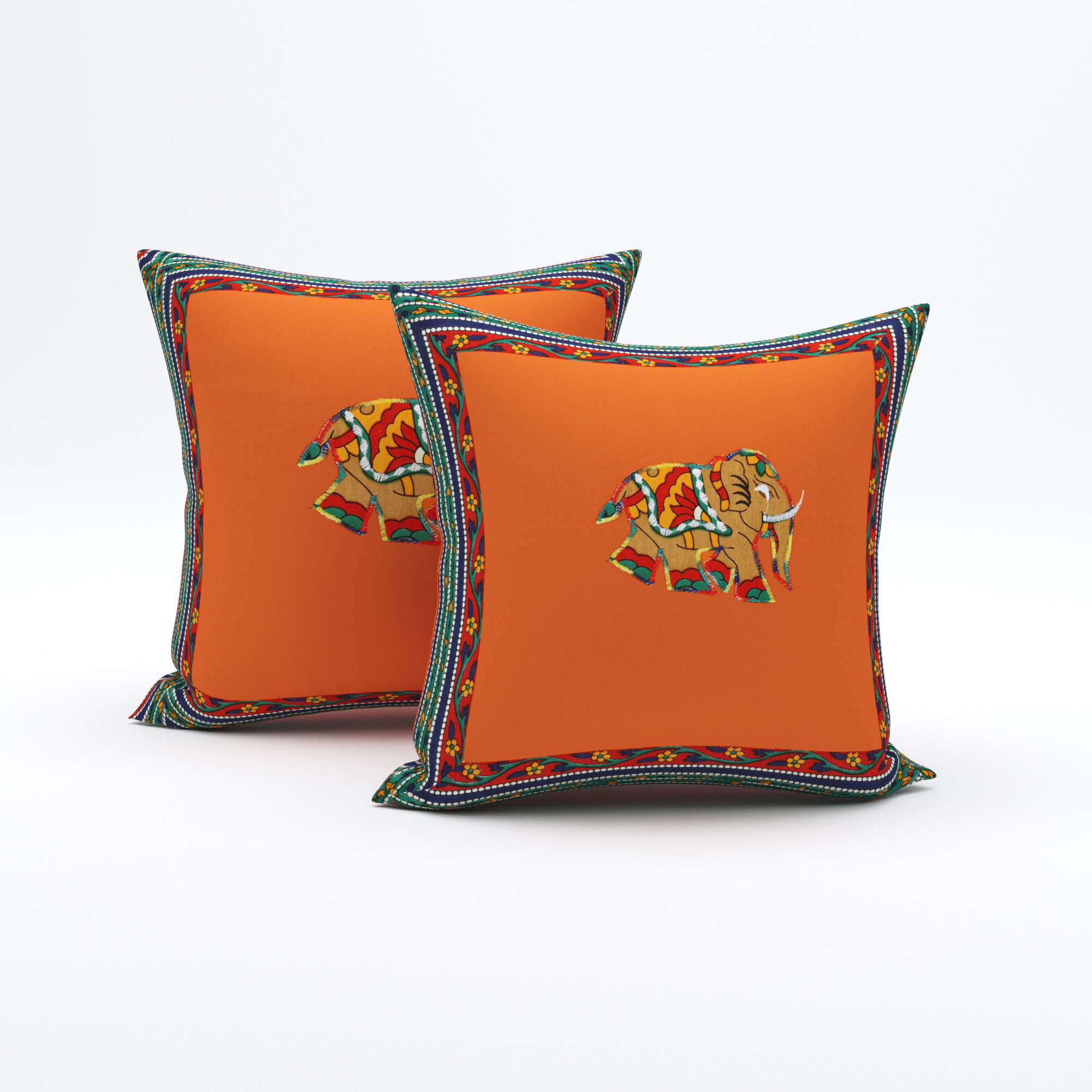 Elephant Applique work Pure Cotton Cushion Cover - Set Of 2 Pieces