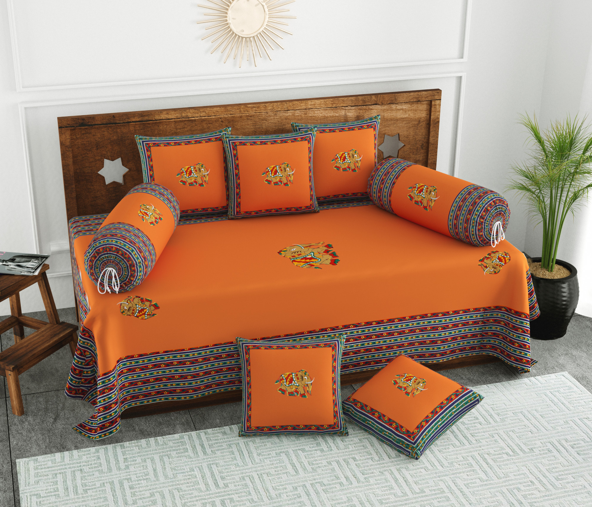 Applique Elephant Work 100 Pure Cotton Diwan Set for Living Room - Set Of 8 Pieces 1 Diwan sheet 5 Cushion Covers 2 Bolster Covers