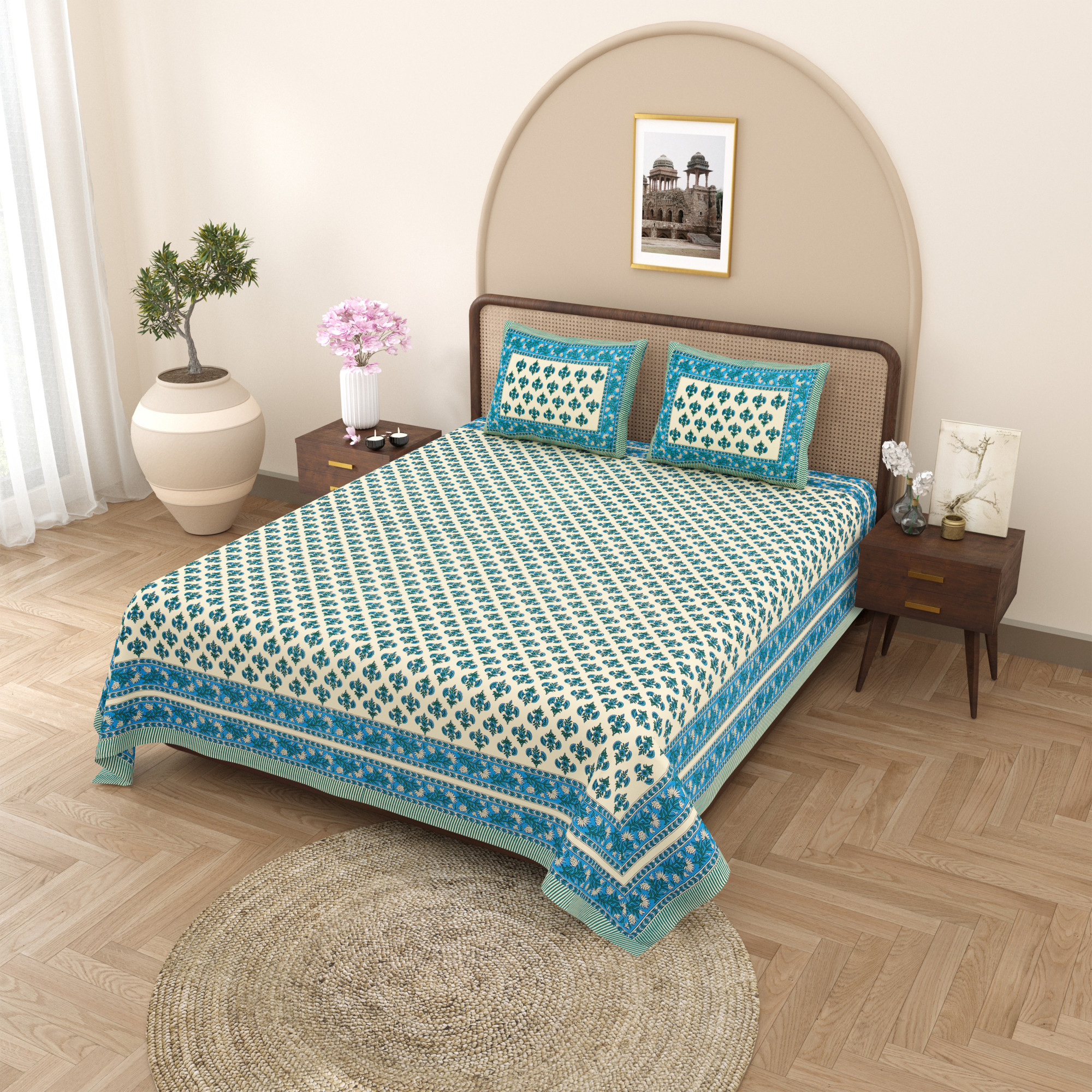 Blue Green Floral Print Pure Cotton Double Bedsheet with 2 Pillow Covers