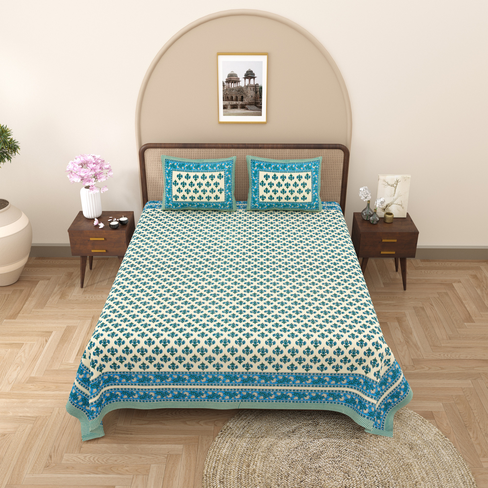 Blue Green Floral Print Pure Cotton Double Bedsheet with 2 Pillow Covers