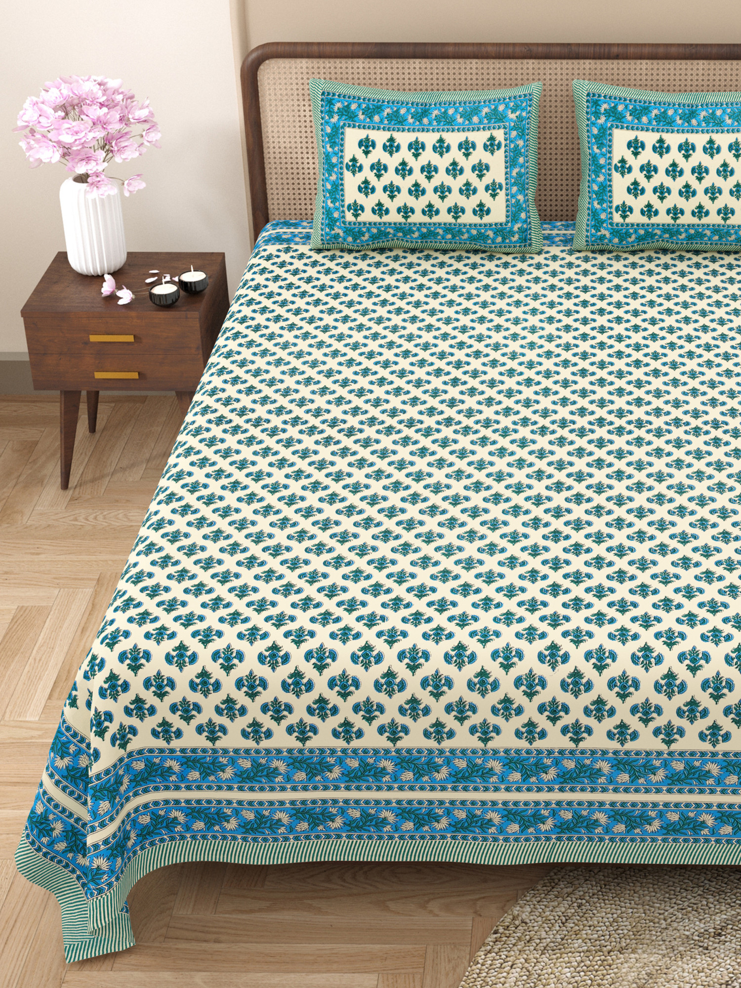 Blue Green Floral Print Pure Cotton Double Bedsheet with 2 Pillow Covers