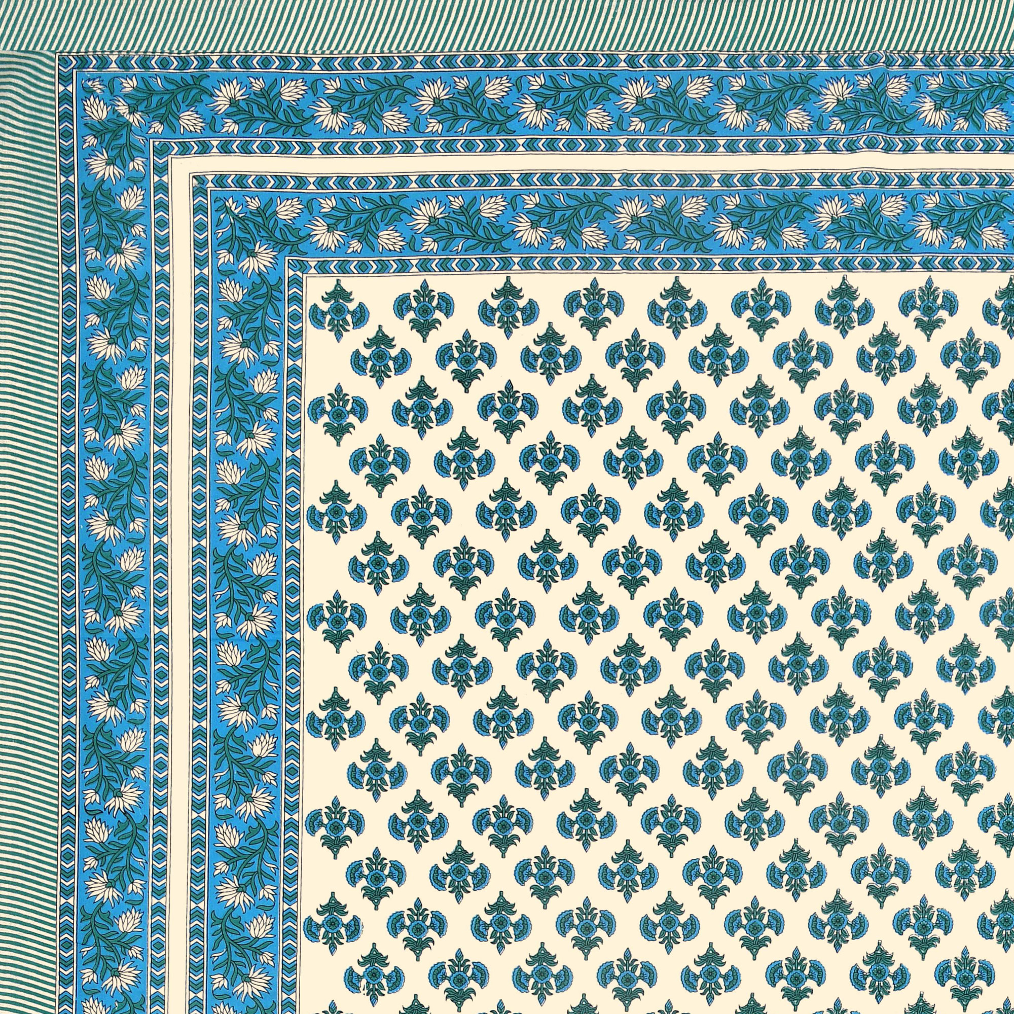 Blue Green Floral Print Pure Cotton Double Bedsheet with 2 Pillow Covers