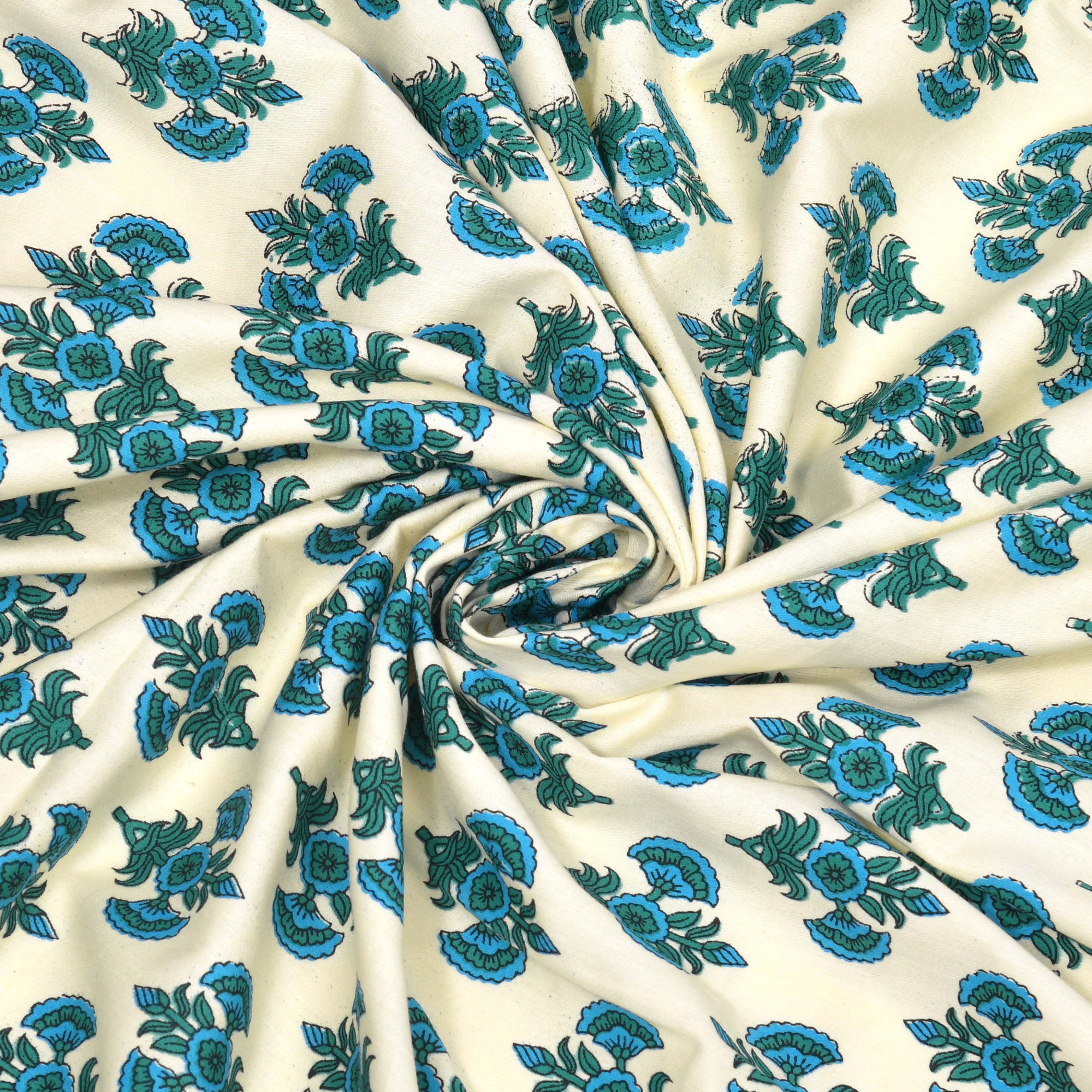 Blue Green Floral Print Pure Cotton Double Bedsheet with 2 Pillow Covers