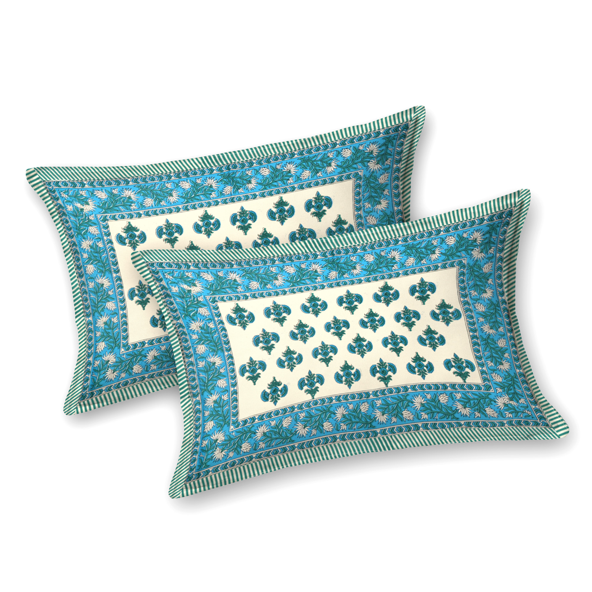 Blue Green Floral Print Pure Cotton Double Bedsheet with 2 Pillow Covers