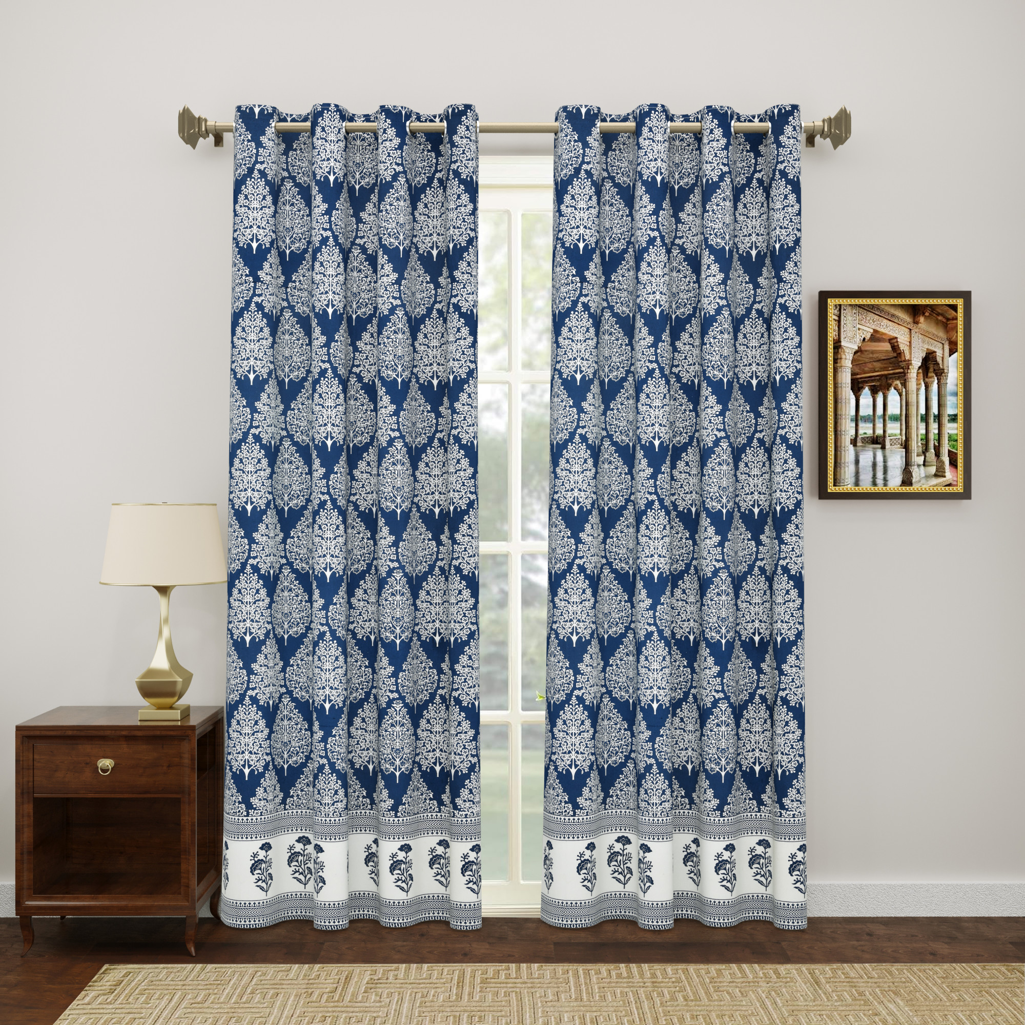 Blue Ethnic Motifs 100 Cotton Curtains For Living Room Bedroom Curtains - Pack Of 2 Curtains