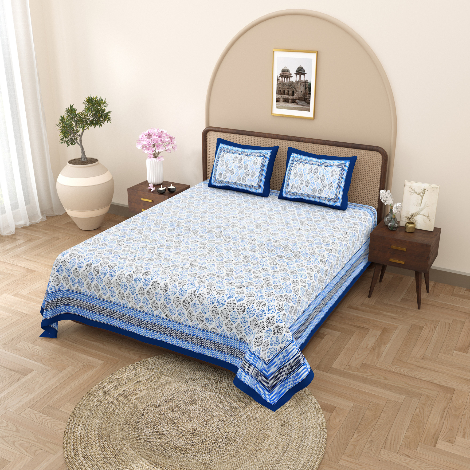 Blue Ethnic Motifs Printed Pure Cotton Double Bedsheet with 2 Pillow Covers