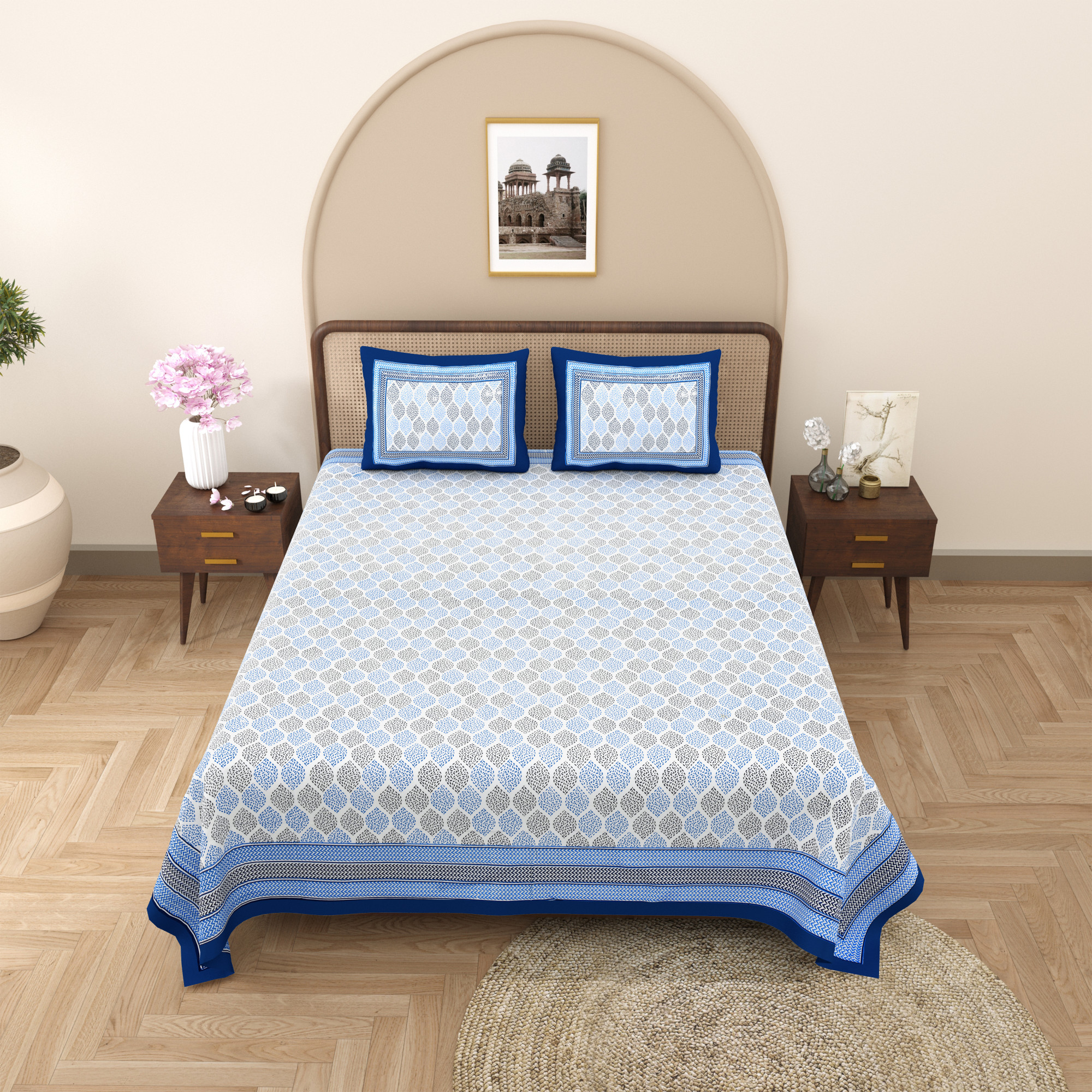 Blue Ethnic Motifs Printed Pure Cotton Double Bedsheet with 2 Pillow Covers