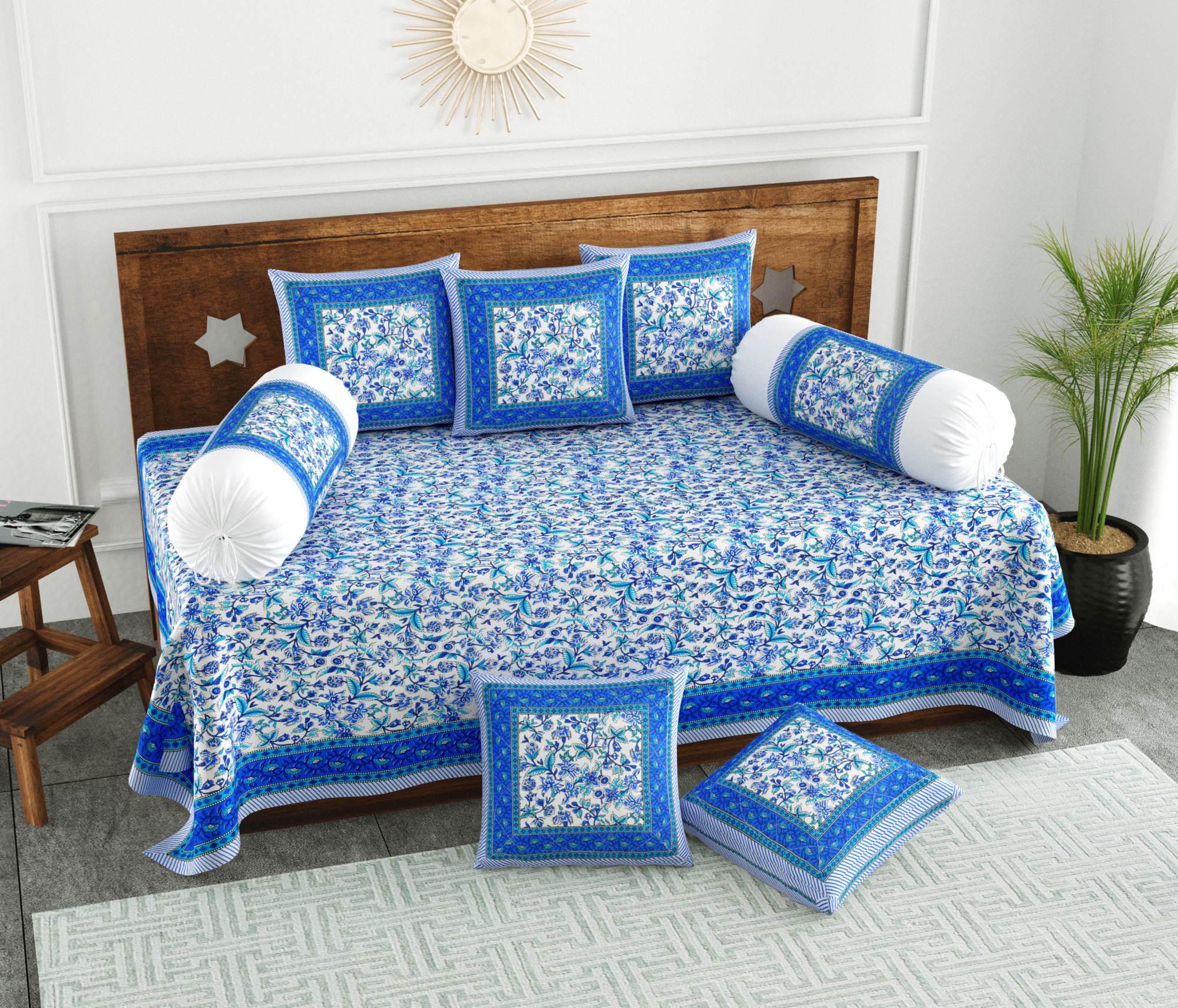Blue Floral Printed 100 Pure Cotton Diwan Set for Living Room - Set Of 8 Pieces 1 Diwan sheet 5 Cushion Covers 2 Bolster Covers