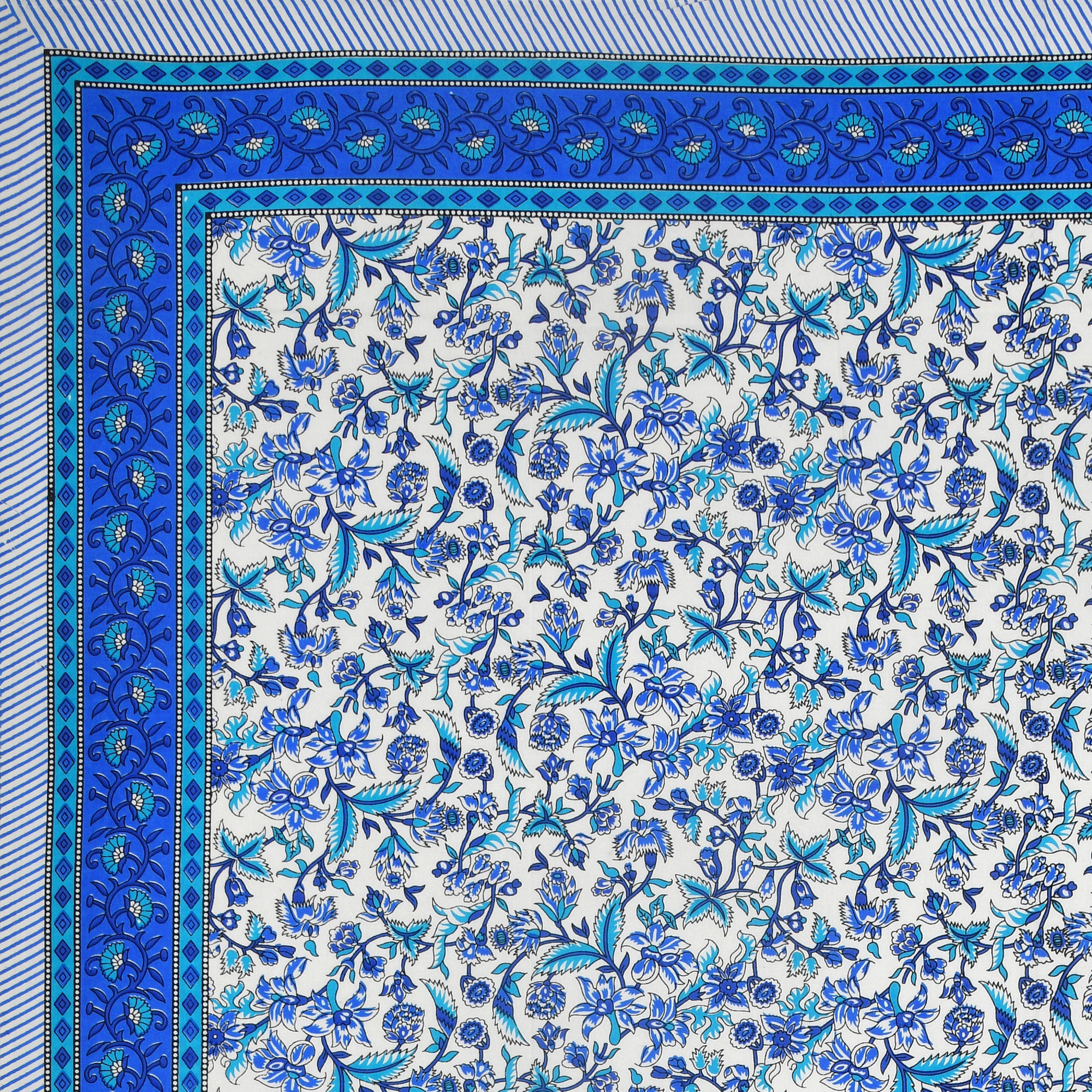 Blue Floral Printed 100 Pure Cotton Diwan Set for Living Room - Set Of 8 Pieces 1 Diwan sheet 5 Cushion Covers 2 Bolster Covers