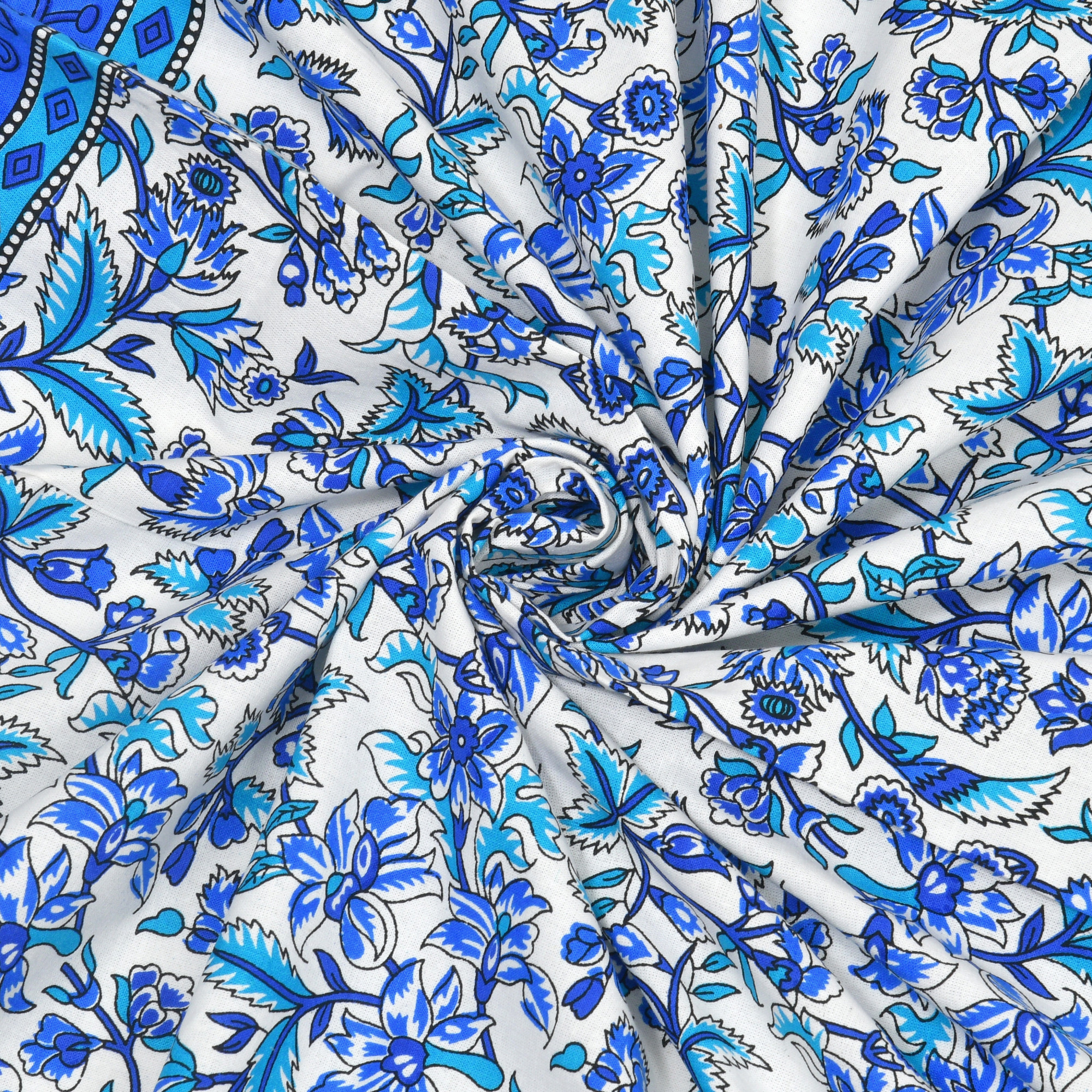 Blue Floral Printed 100 Pure Cotton Diwan Set for Living Room - Set Of 8 Pieces 1 Diwan sheet 5 Cushion Covers 2 Bolster Covers