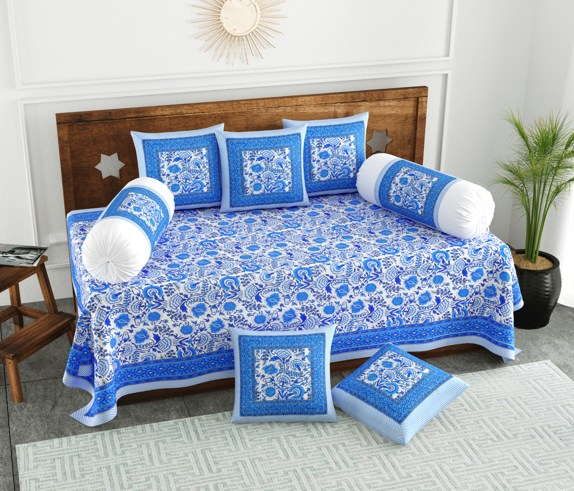 Blue Floral Printed 100 Pure Cotton Diwan Set for Living Room - Set Of 8 Pieces 1 Diwan sheet 5 Cushion Covers 2 Bolster Covers