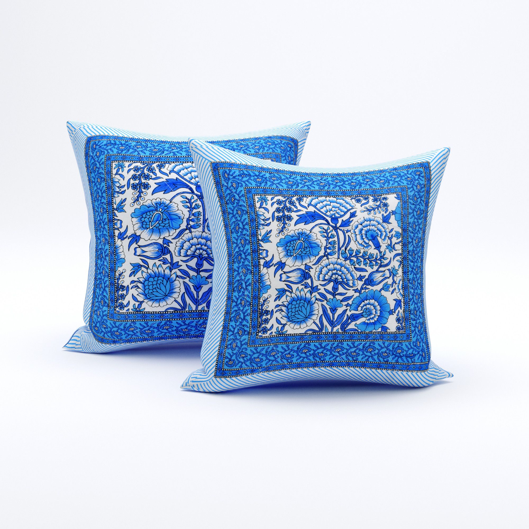 Blue Floral Printed 100 Pure Cotton Diwan Set for Living Room - Set Of 8 Pieces 1 Diwan sheet 5 Cushion Covers 2 Bolster Covers