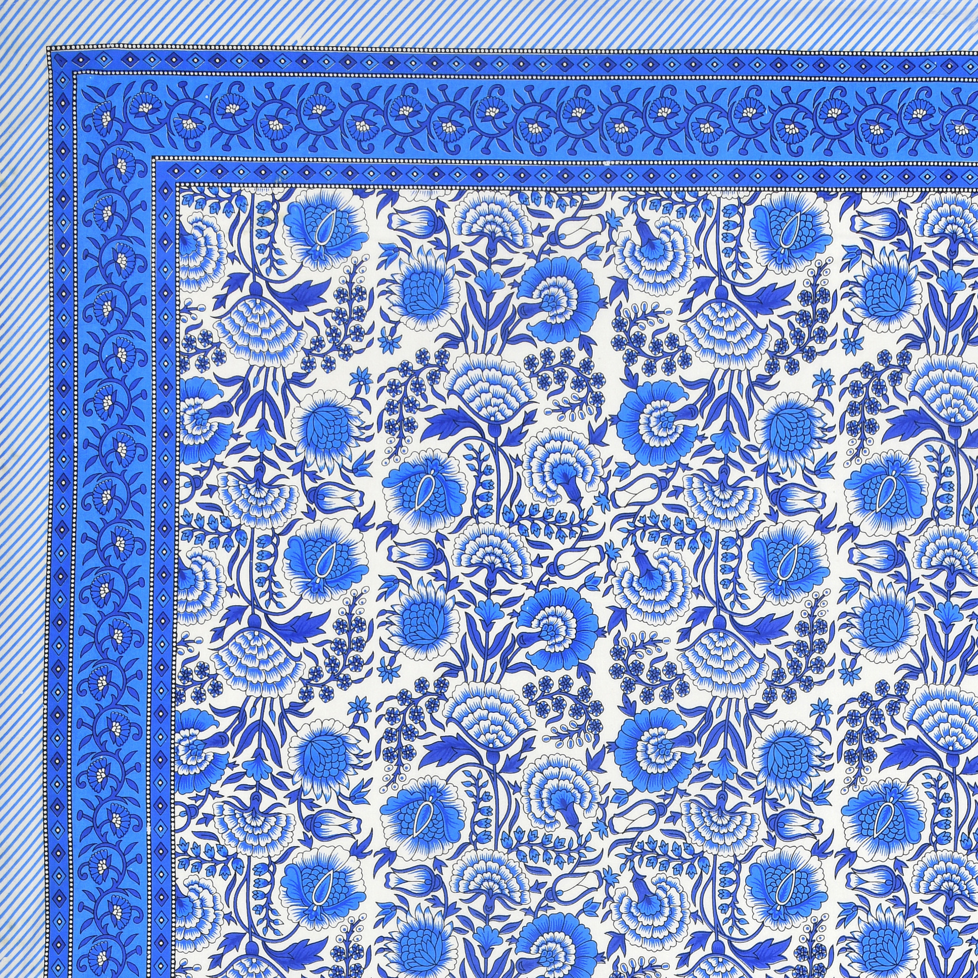 Blue Floral Printed 100 Pure Cotton Diwan Set for Living Room - Set Of 8 Pieces 1 Diwan sheet 5 Cushion Covers 2 Bolster Covers