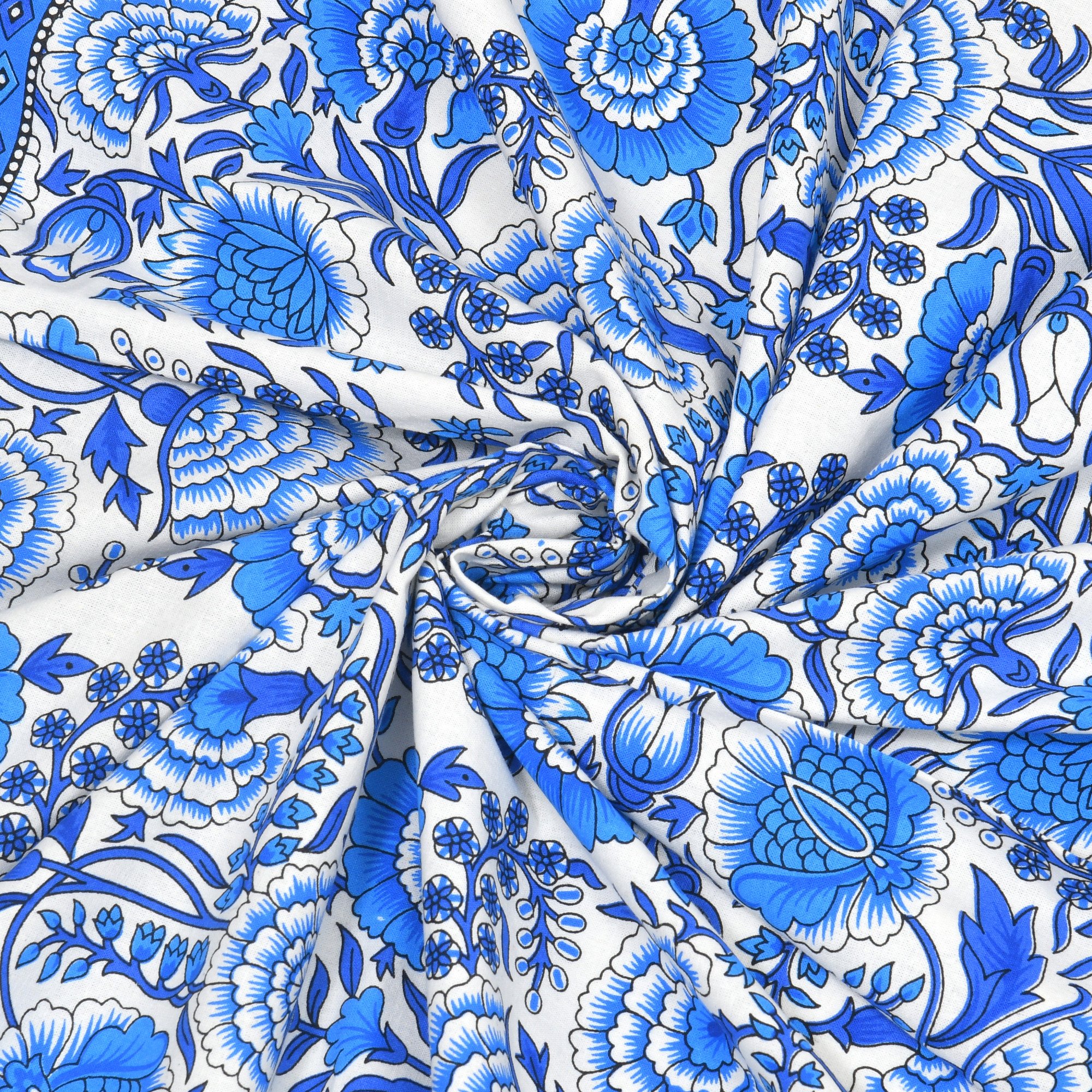 Blue Floral Printed 100 Pure Cotton Diwan Set for Living Room - Set Of 8 Pieces 1 Diwan sheet 5 Cushion Covers 2 Bolster Covers