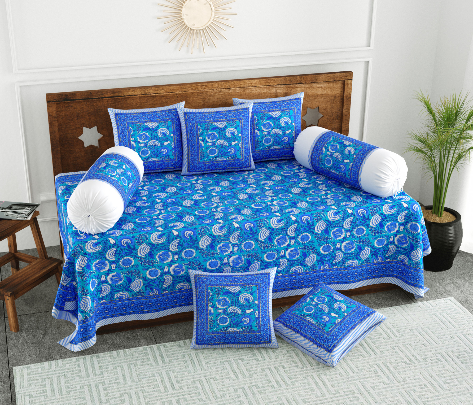 Blue Floral Printed 100 Pure Cotton Diwan Set for Living Room - Set Of 8 Pieces 1 Diwan sheet 5 Cushion Covers 2 Bolster Covers