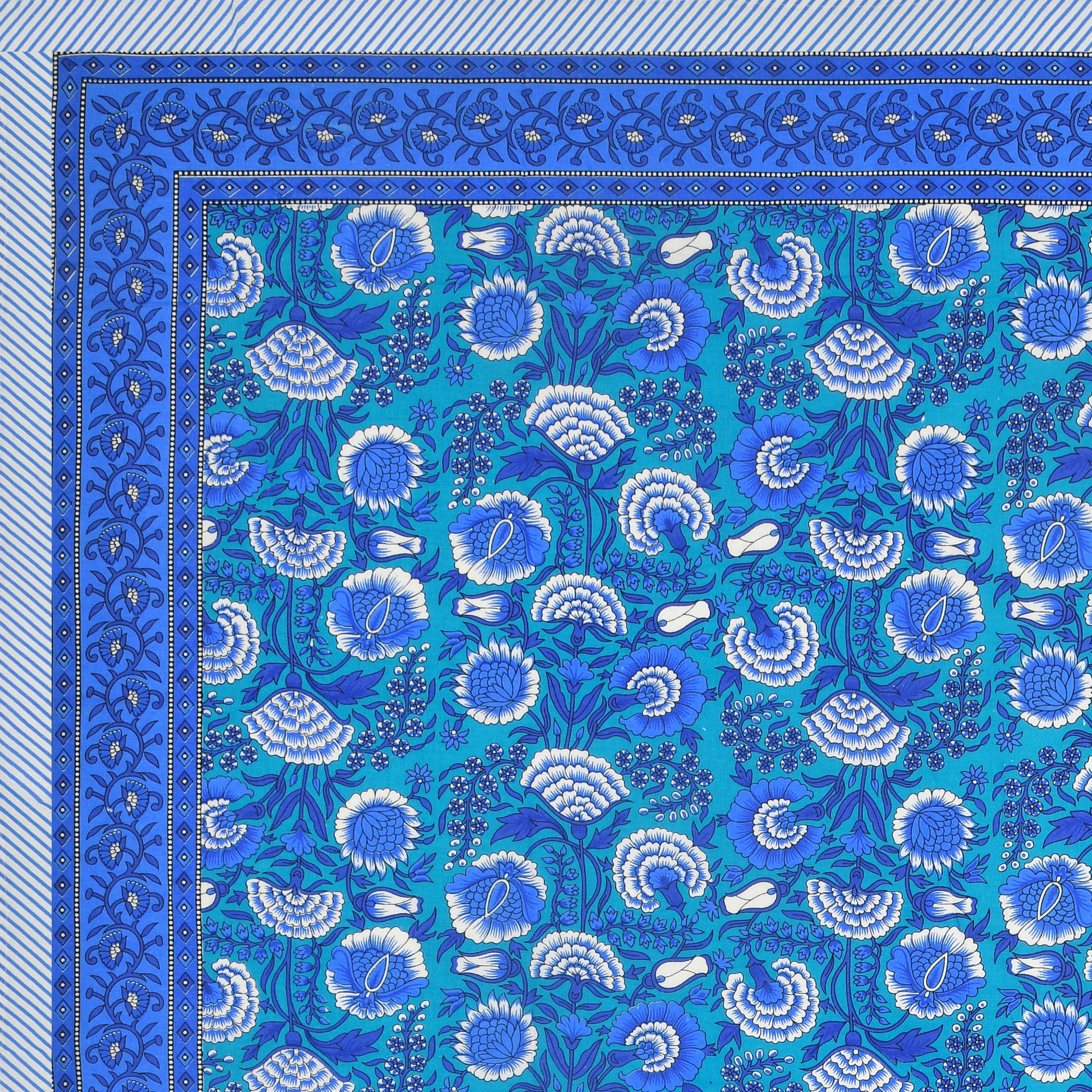 Blue Floral Printed 100 Pure Cotton Diwan Set for Living Room - Set Of 8 Pieces 1 Diwan sheet 5 Cushion Covers 2 Bolster Covers