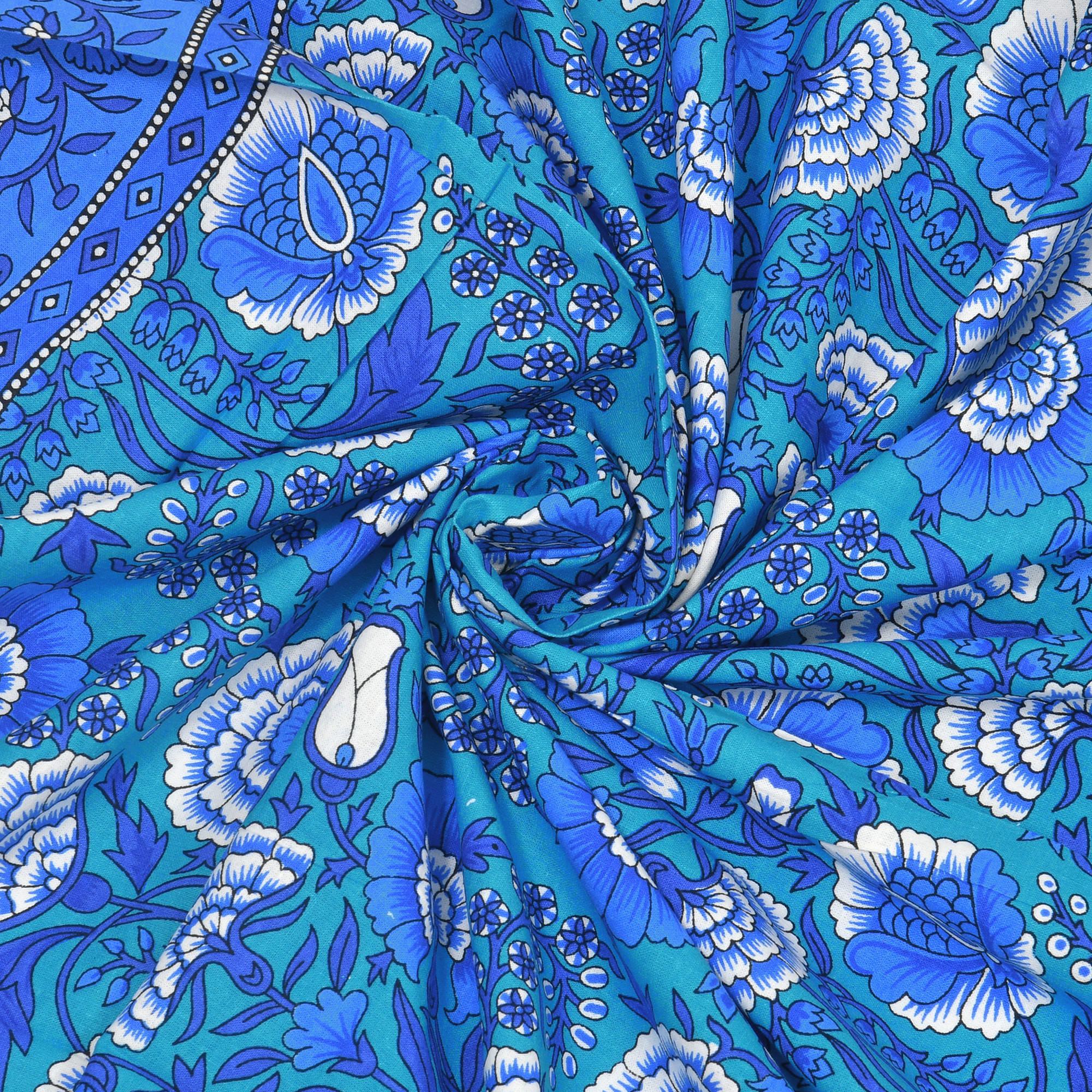 Blue Floral Printed 100 Pure Cotton Diwan Set for Living Room - Set Of 8 Pieces 1 Diwan sheet 5 Cushion Covers 2 Bolster Covers