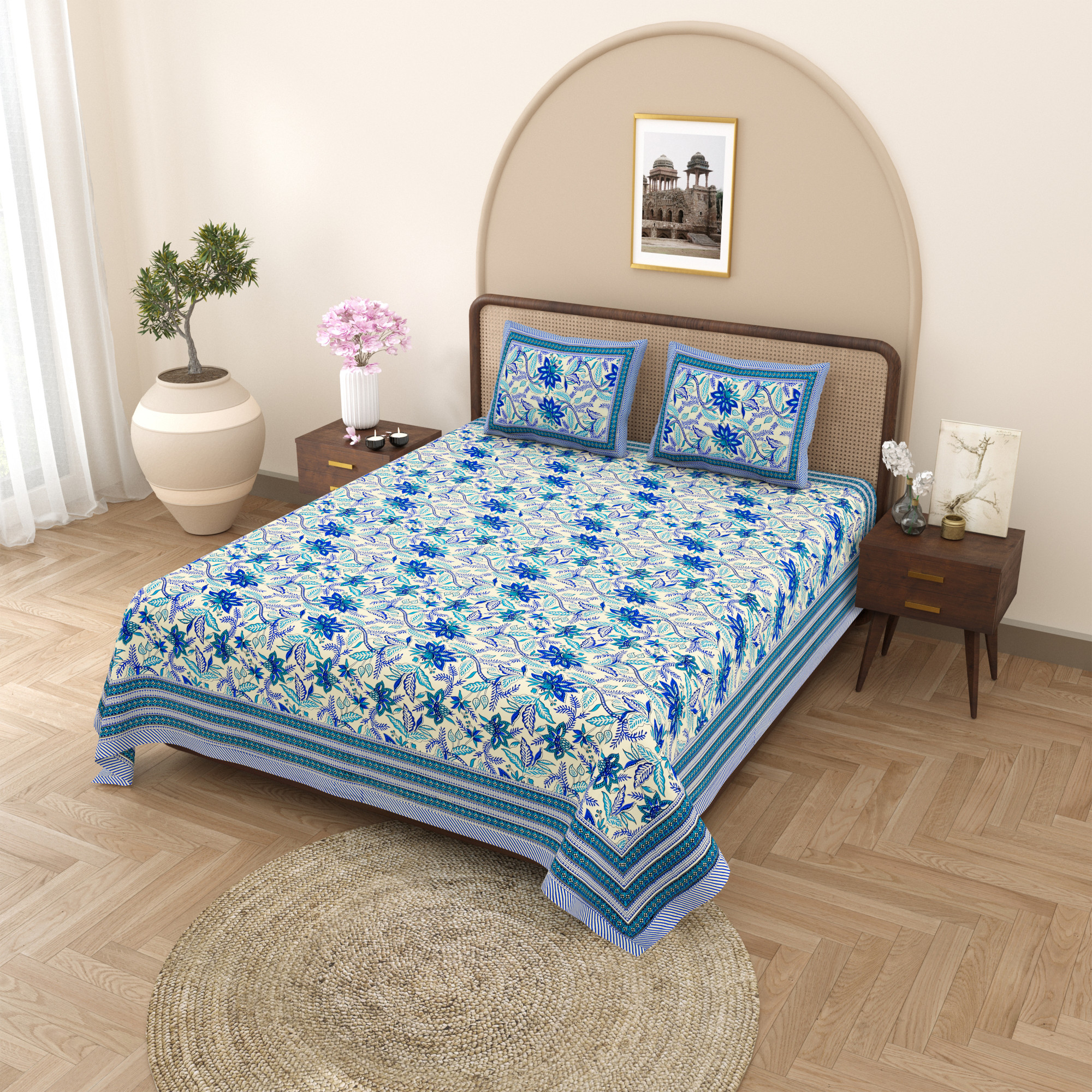 Blue Floral Printed Pure Cotton Double Bedsheet with 2 Pillow Covers