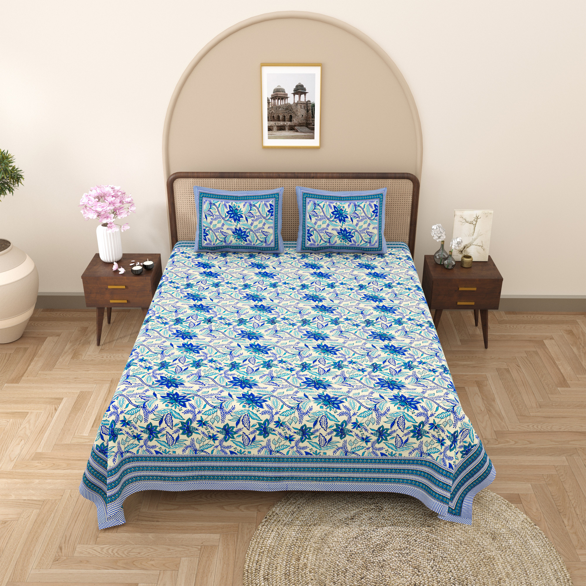 Blue Floral Printed Pure Cotton Double Bedsheet with 2 Pillow Covers