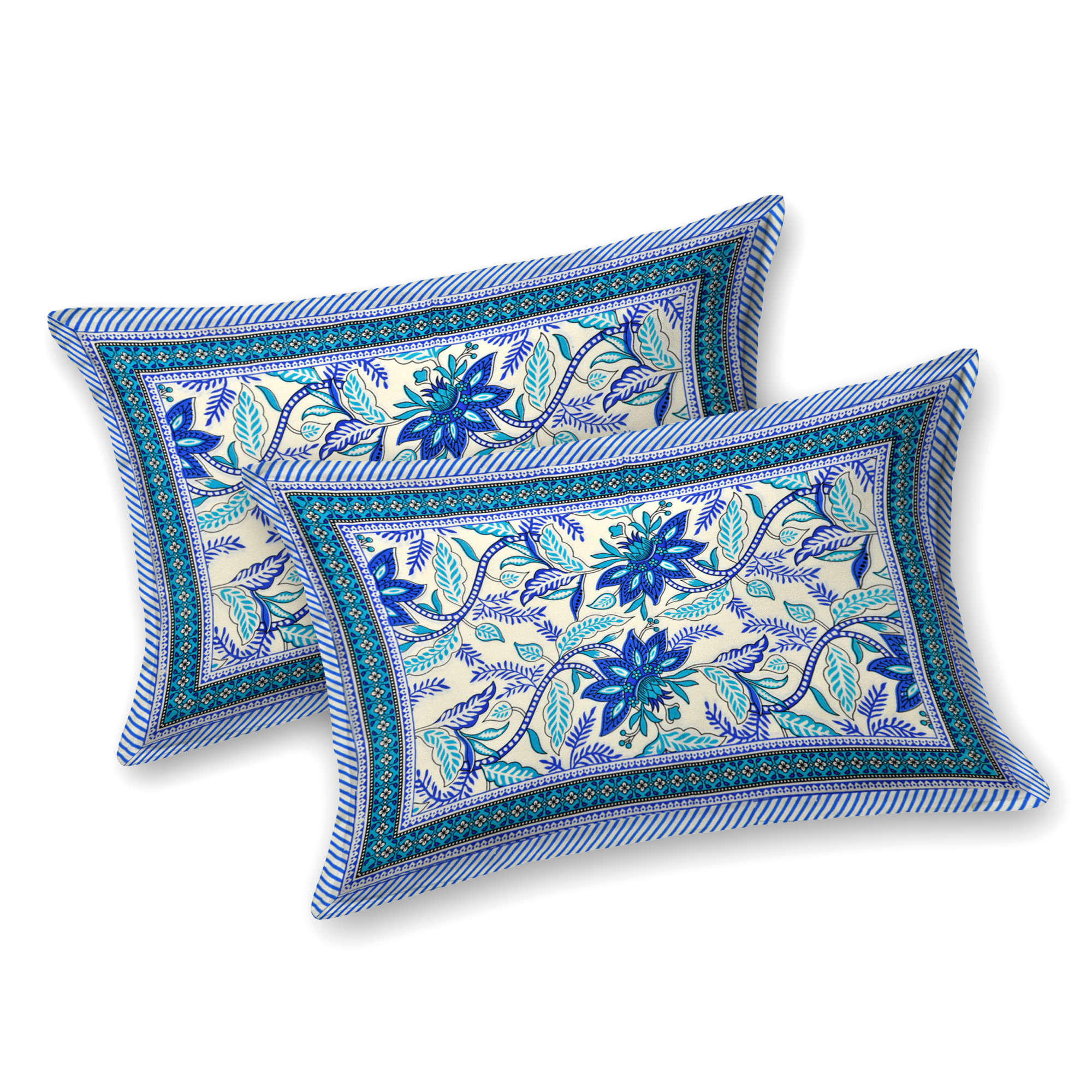 Blue Floral Printed Pure Cotton Double Bedsheet with 2 Pillow Covers