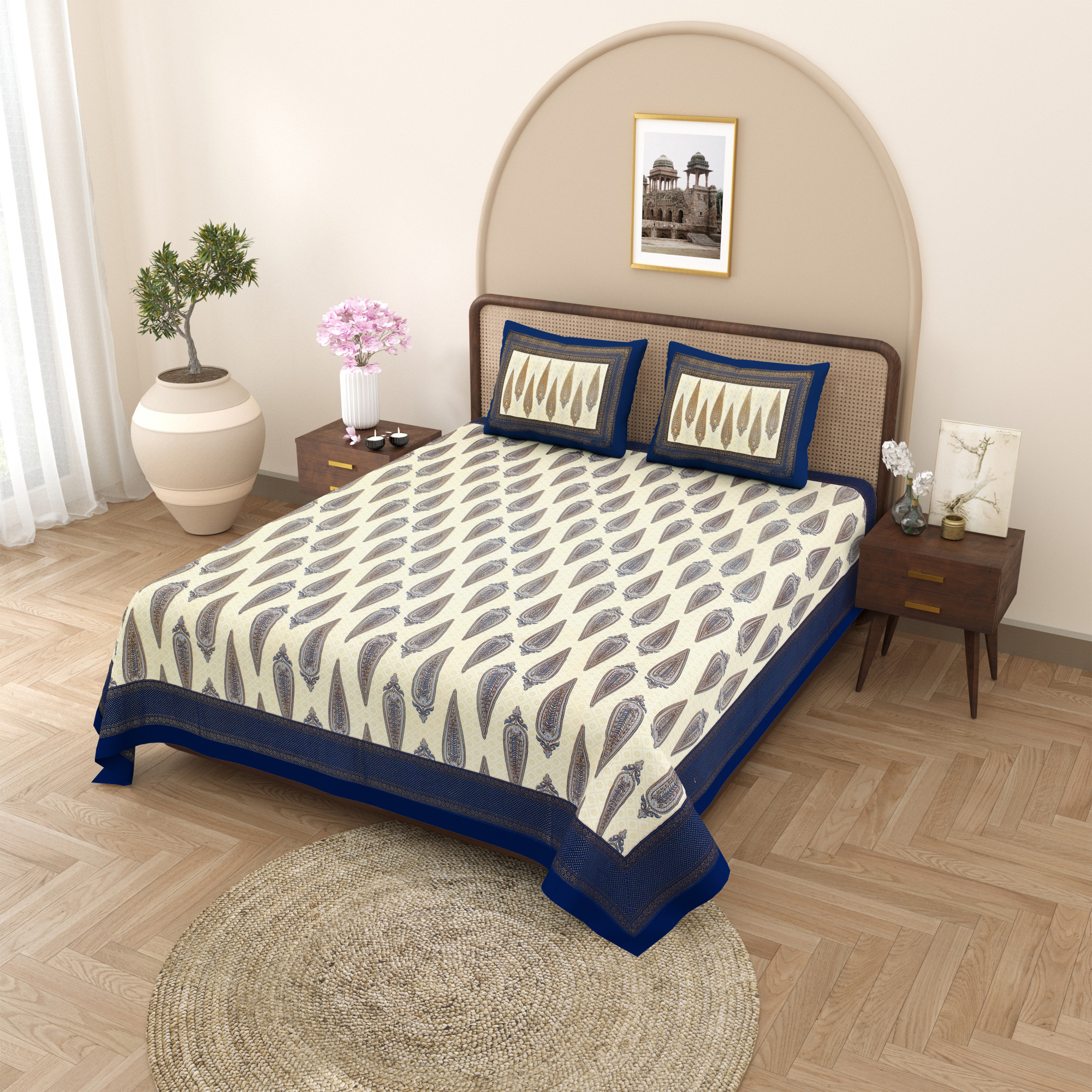 Blue Golden Ethnic Motifs Printed Pure Cotton Double Bedsheet with 2 Pillow Covers