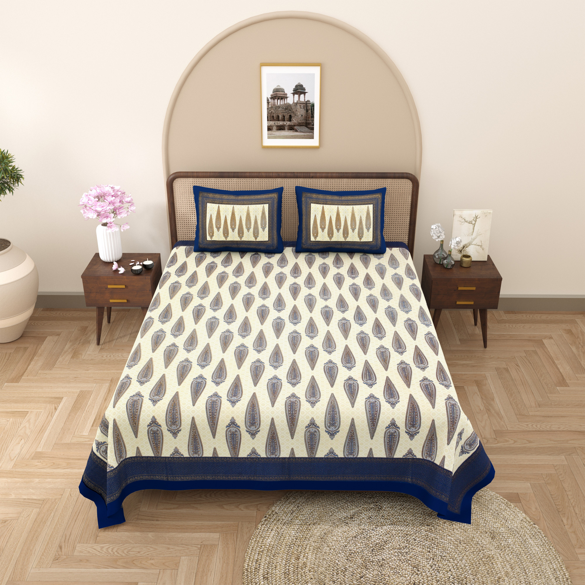 Blue Golden Ethnic Motifs Printed Pure Cotton Double Bedsheet with 2 Pillow Covers