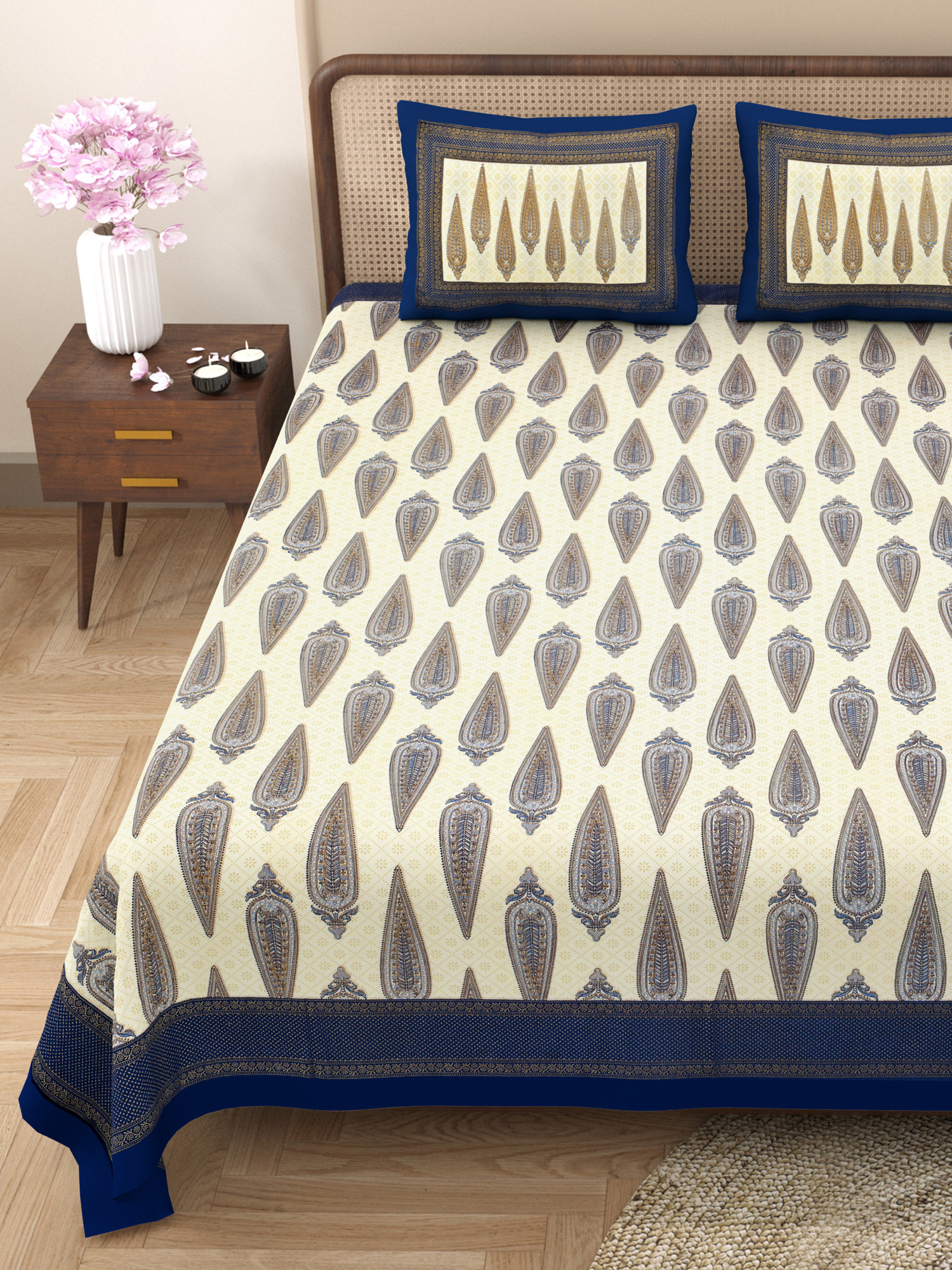 Blue Golden Ethnic Motifs Printed Pure Cotton Double Bedsheet with 2 Pillow Covers