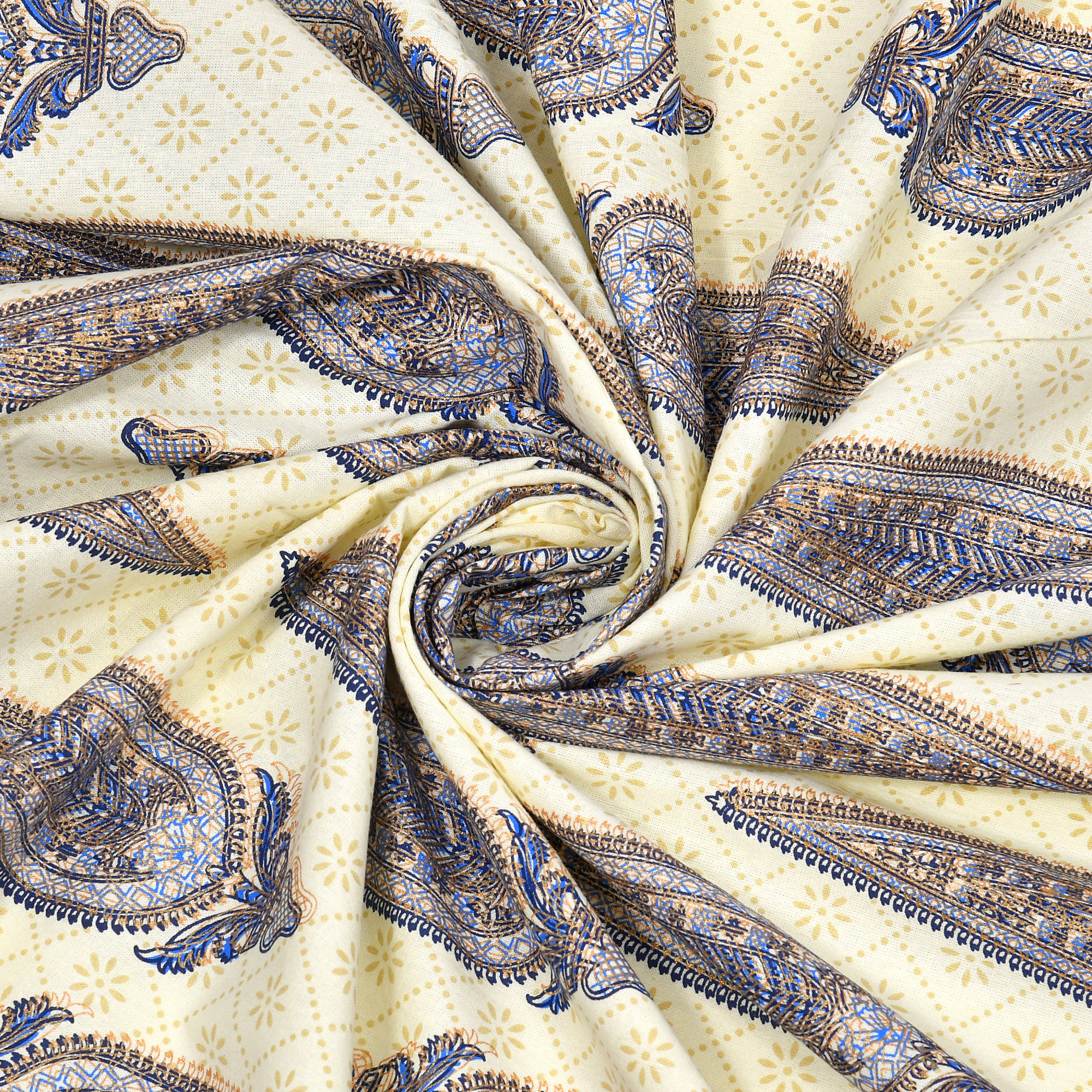 Blue Golden Ethnic Motifs Printed Pure Cotton Double Bedsheet with 2 Pillow Covers