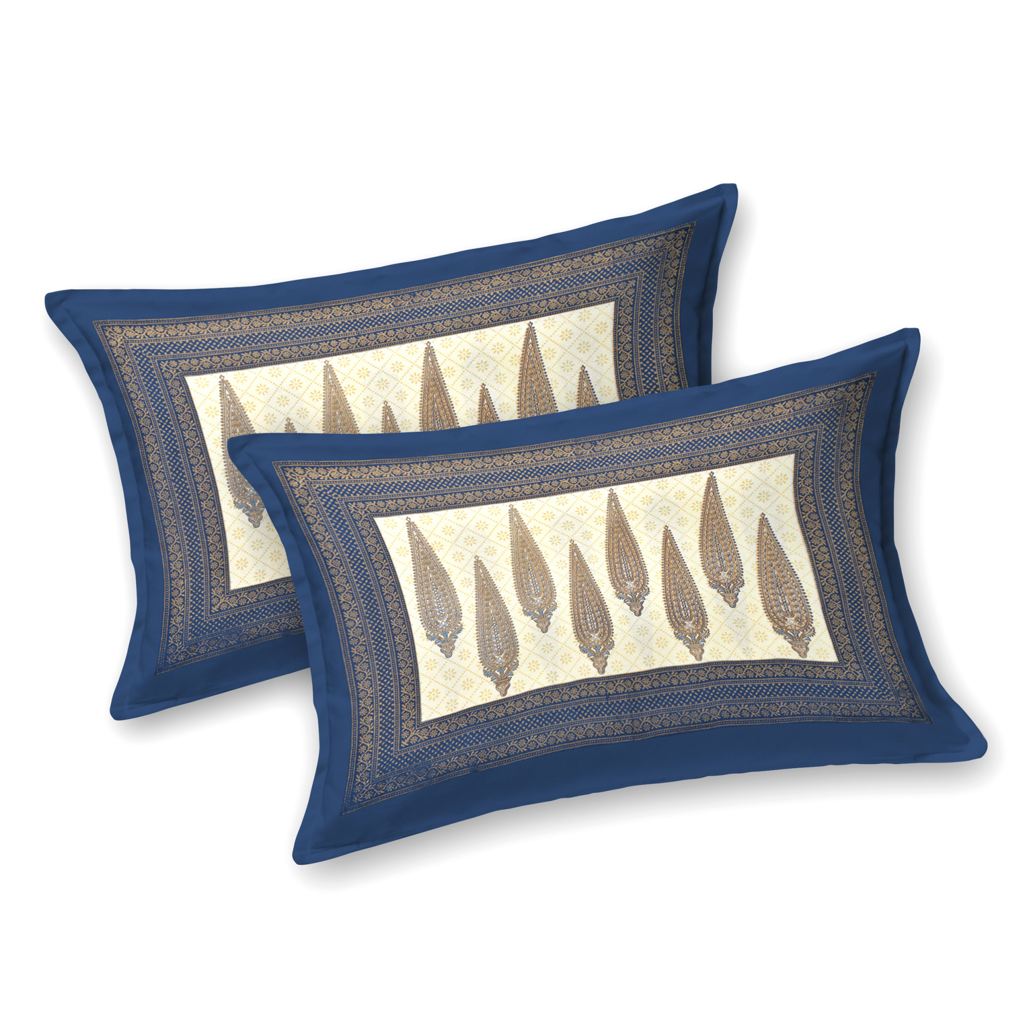 Blue Golden Ethnic Motifs Printed Pure Cotton Double Bedsheet with 2 Pillow Covers