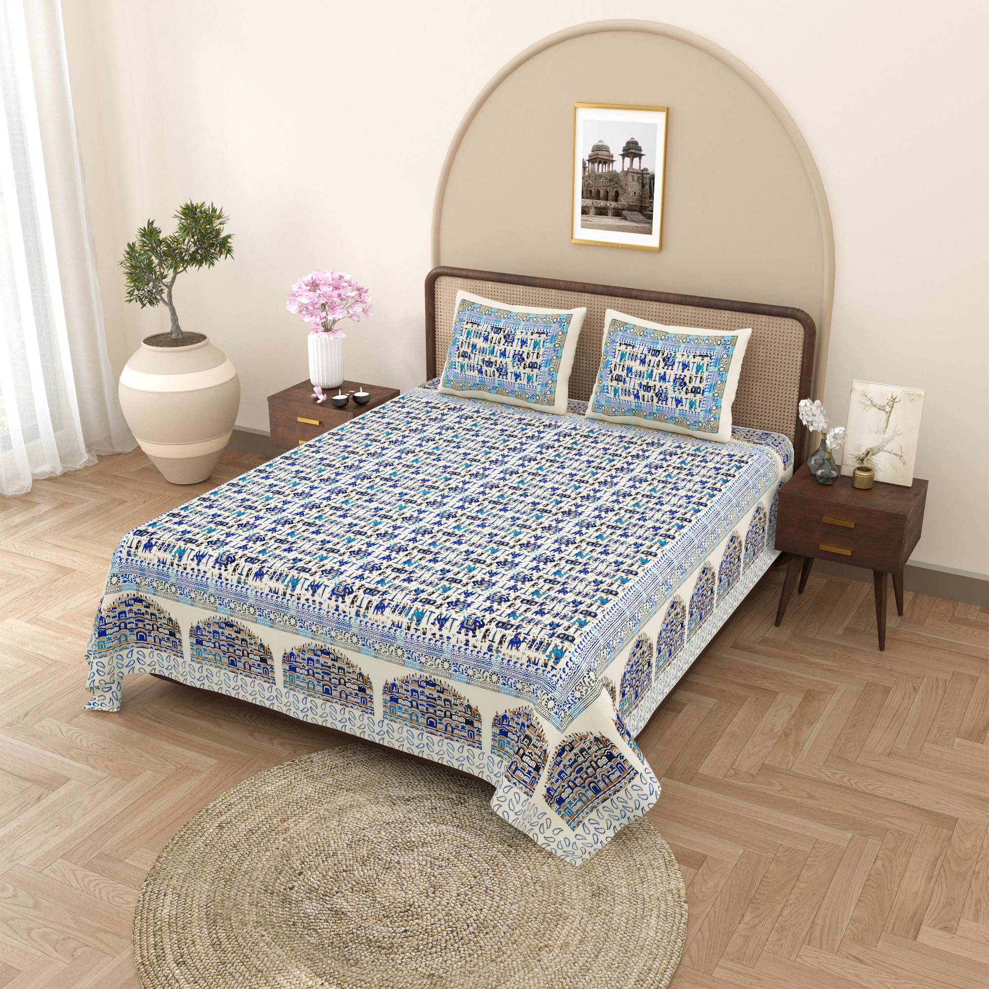 Blue Golden Hawa Mahal Pattern Pure Cotton Double Bedsheet with 2 Pillow Covers