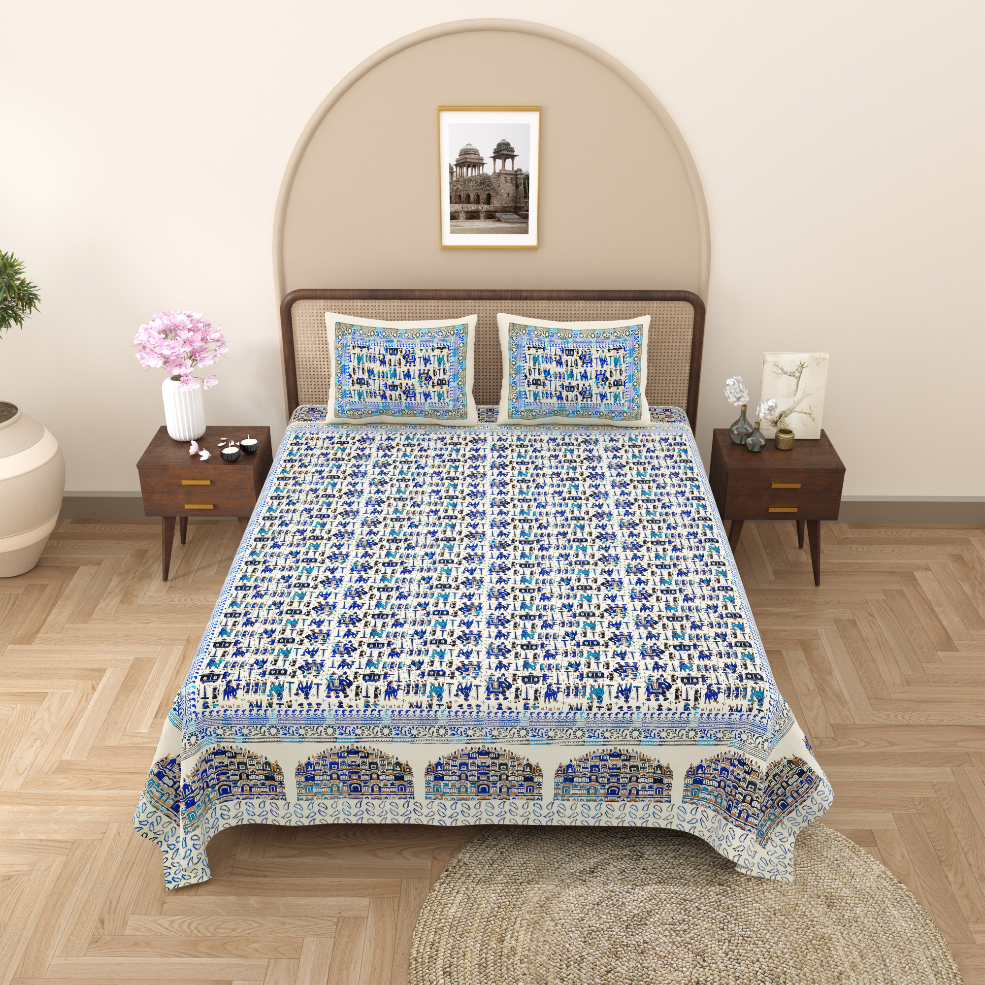 Blue Golden Hawa Mahal Pattern Pure Cotton Double Bedsheet with 2 Pillow Covers