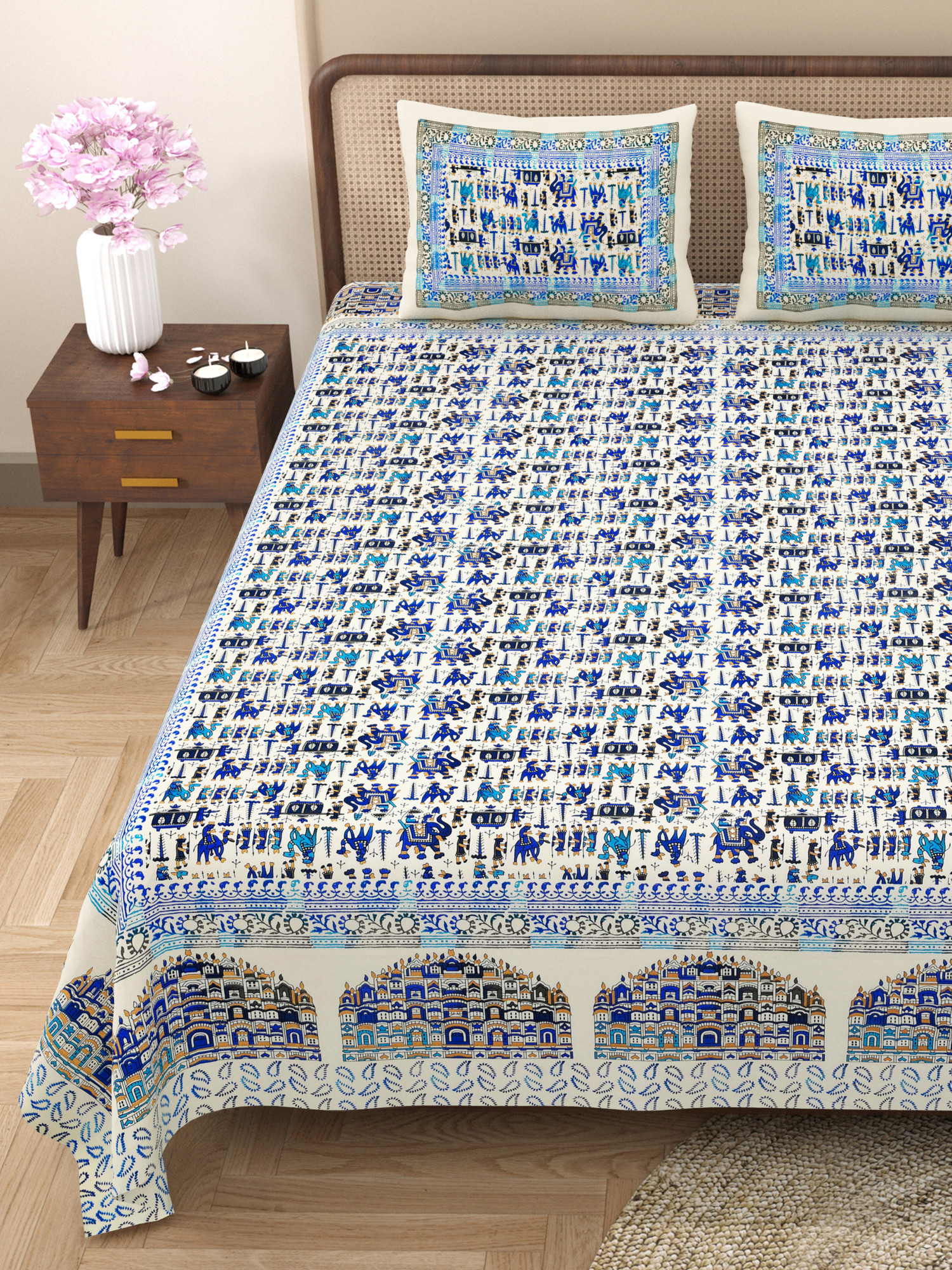 Blue Golden Hawa Mahal Pattern Pure Cotton Double Bedsheet with 2 Pillow Covers