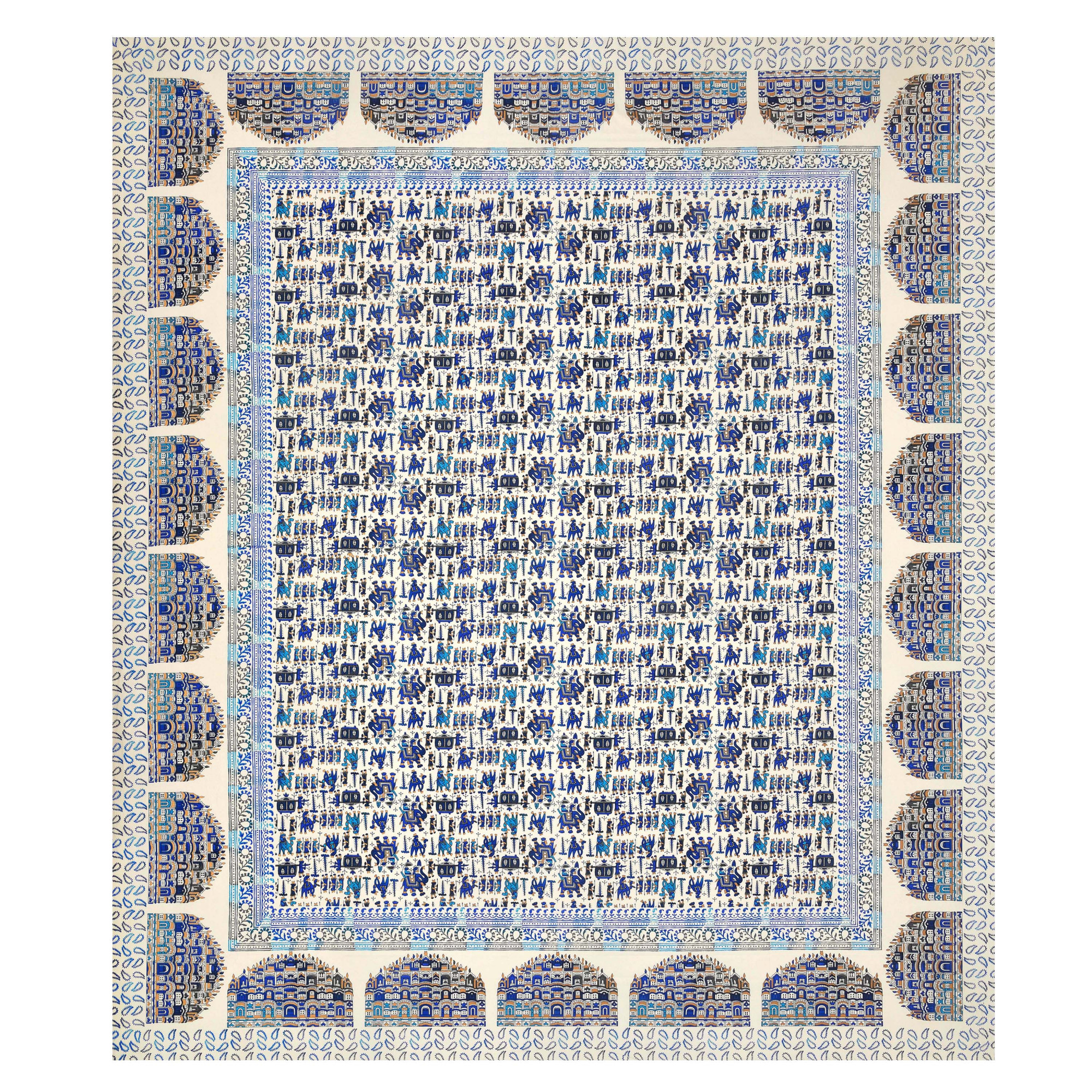 Blue Golden Hawa Mahal Pattern Pure Cotton Double Bedsheet with 2 Pillow Covers